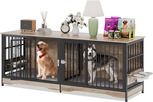 75'' Dog Crate Furniture Large Storage TV Stand with Dual Cushion / 4 Bowls/Double Rooms, Wooden Dog Kennel Dog Crate End Table with Removable Divider for Large Medium Dogs, Greige