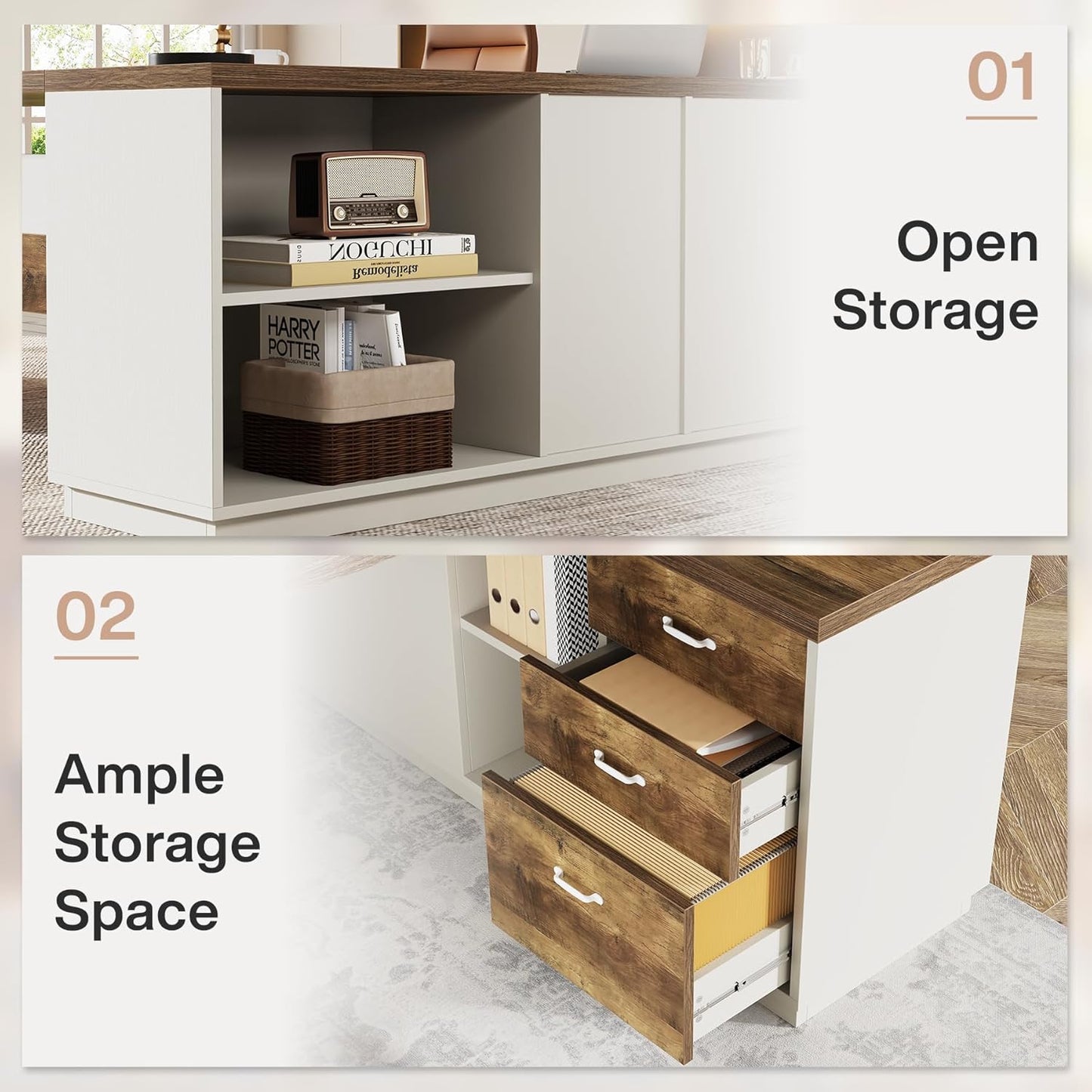 78" L-Shaped Executive Desk, Large Modern Office Desk with Drawers and Lateral File Cabinet, Business Furniture with Storage Shelves, Big Computer Desk for Home Office (Brown + White)