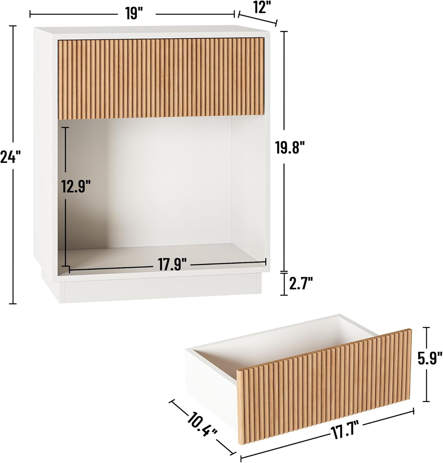 Fluted Nightstands Set of 2, Modern Bedside Table with Drawer and Storage Shelf, Wood End Table Mid Century Night Stands for Bedroom Living Room Sofa Couch Office (White+Oak)
