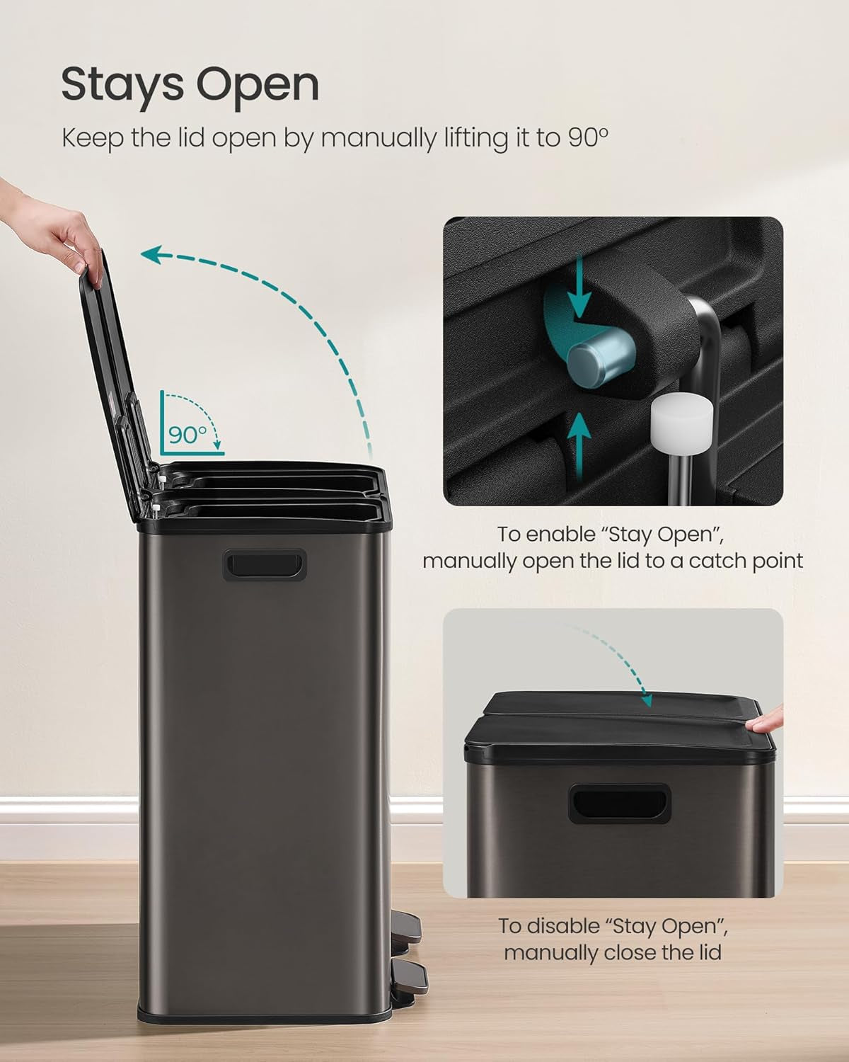Trash Can, 2 X 8 Gallon (2 X 30 L) Dual-Compartment Garbage Can with Soft-Close Lid, Pedal and Inner Buckets, Stainless Steel, Includes 15 Liner Bags, Slate Gray ULTB741G01