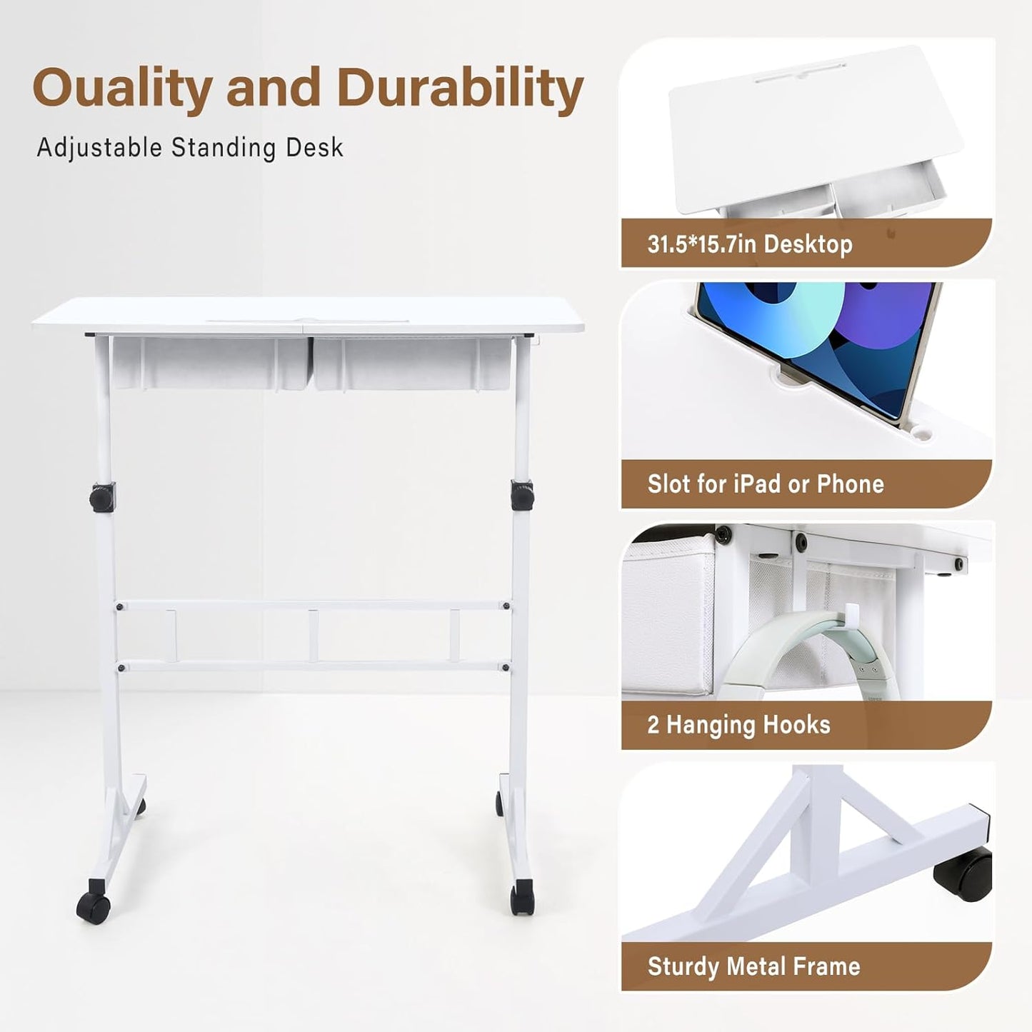 Adjustable Small Standing Desk with Drawers, Height Adjustable Rolling Desk for Home Office, Portable Small Computer Desk with Wheels for Walking Pad, White, Height 27.6"-49.2"