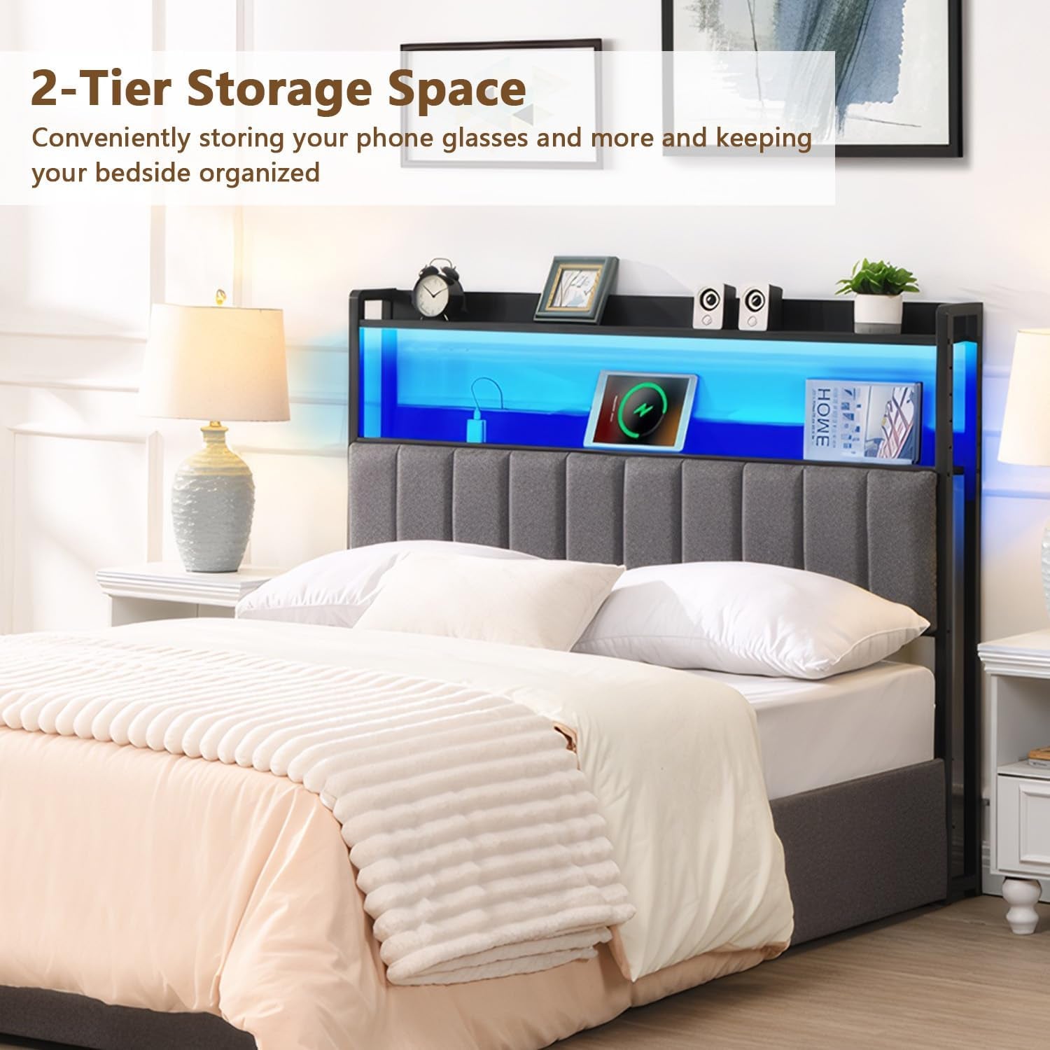 Headboard for Queen Size Bed with 2-Tier Storage, Upholstered Headboards with Outlets, USB Ports and LED Light,Head Board Only, Height Adjustable, Sturdy and Stable (Queen)