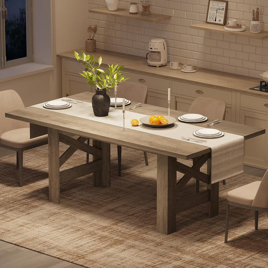 Dining Table for 6-8, 71" Long Large Wooden Farmhouse Kitchen Table with Thick Sturdy Frame, Rectangular Dining Room Dinner Table with Stable Triangular Legs for Kitchen,Office, Rustic Gray