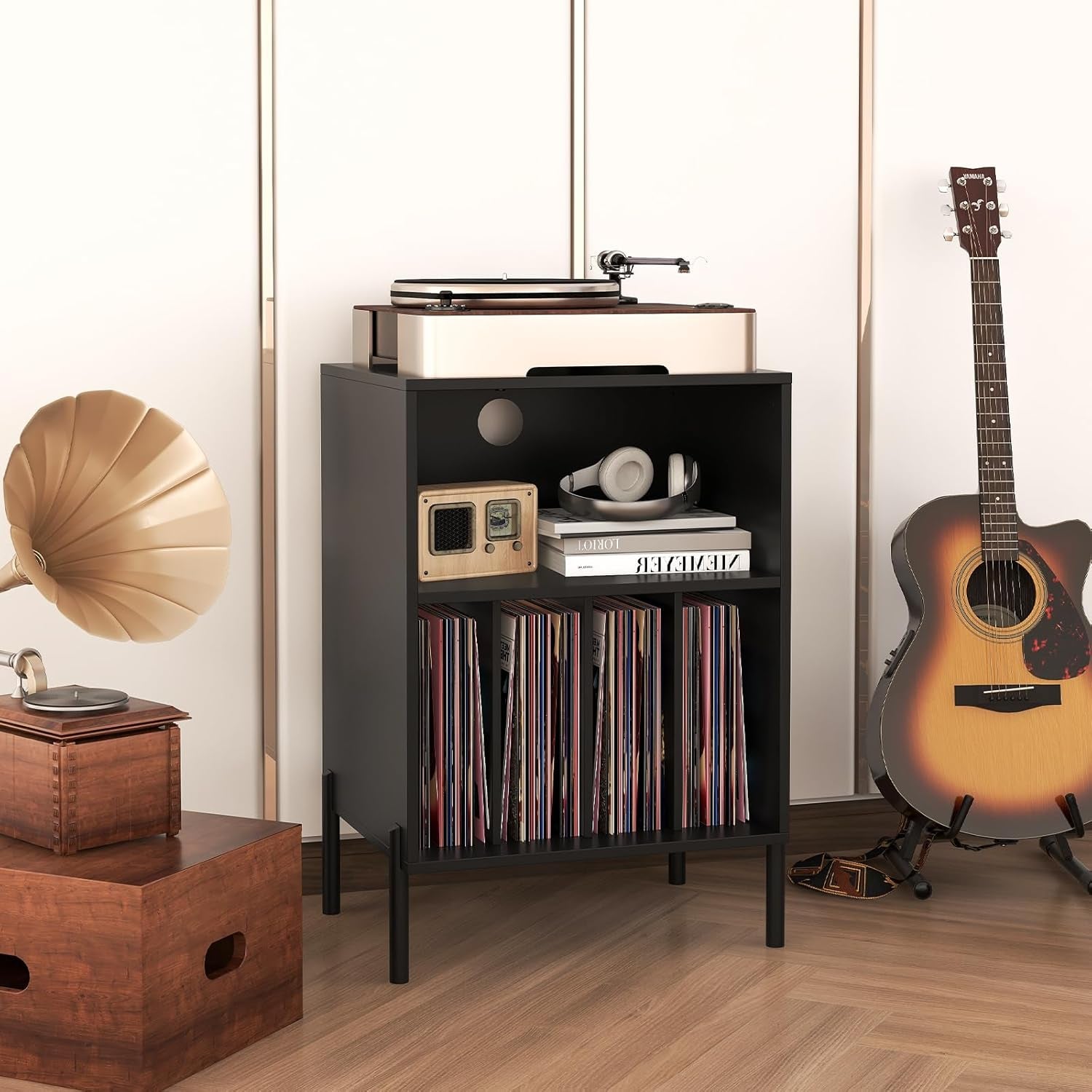 Record Player Stand, Turntable Side Table Nightstand W/Charging Station & Vinyl Record Storage Cabinet Holds up to 150 Albums, Record Player Holder for Living Room (Black, 31" H)