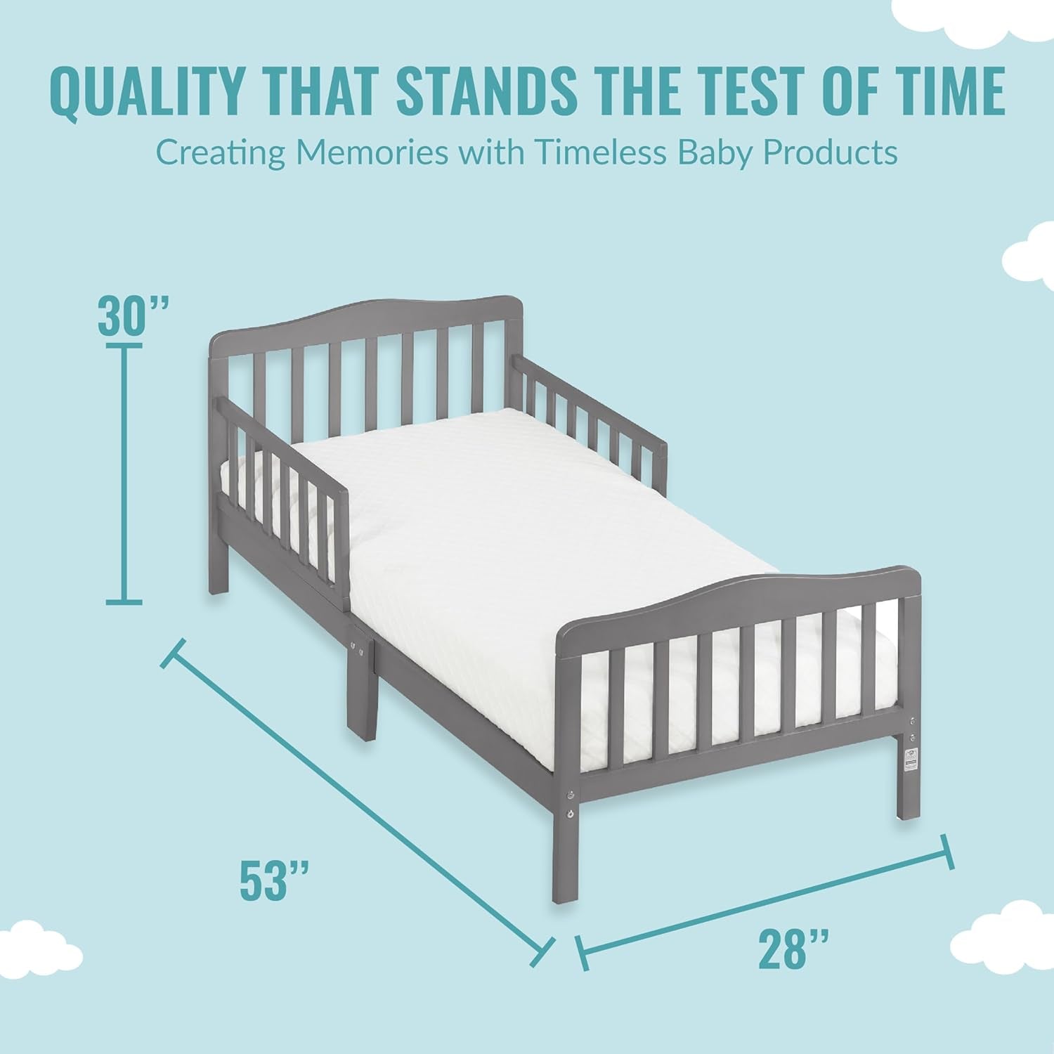 Classic Design Toddler Bed in Steel Grey, Greenguard Gold and BSA Certified, Low to Floor Design, Two Side Safety Rails, Non-Toxic Finishes, Wooden Nursery Furniture