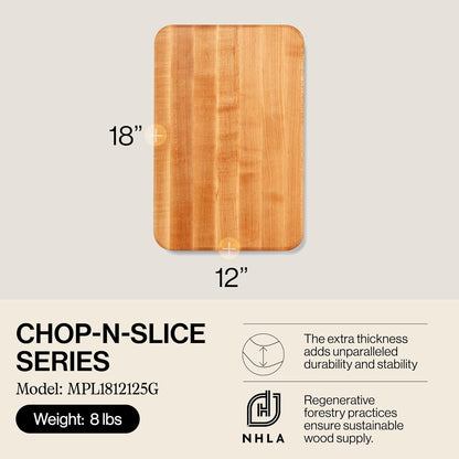 Chop-N-Slice Series Rectangular Wooden Maple Cutting Board 18”X12” – 1.25” Thick, 8-Lb Reversible Butcher Block with Eased Corners, Edge-Grain & Finger Grips – Made in the USA