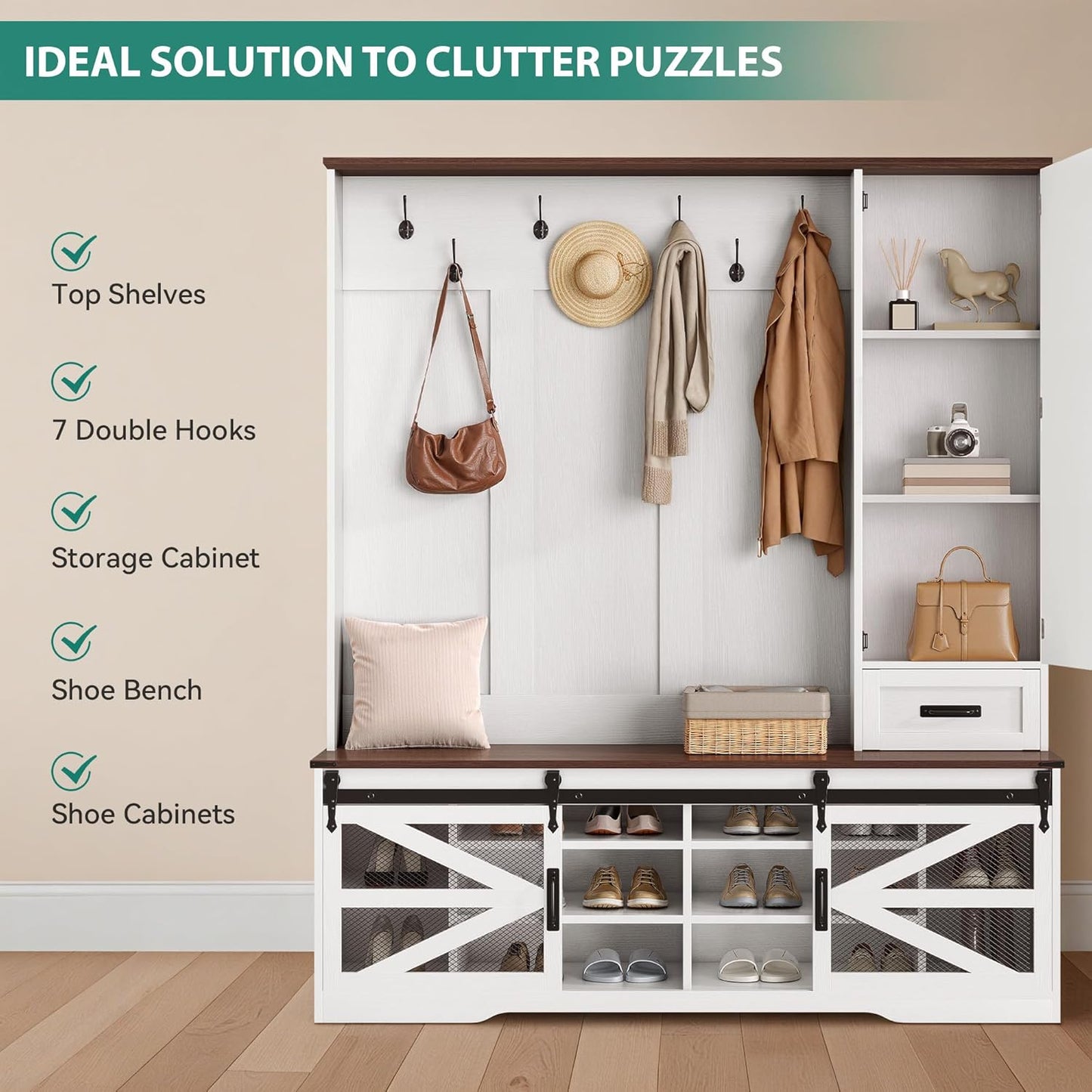 Hall Tree with Bench and Shoe Rack, Modern Large Shoe Storage Organizer with Coat Hooks, Drawer, Sliding Barn Door, Adjustable Shelves & Anti-Tip Kit for Entryway Mudroom