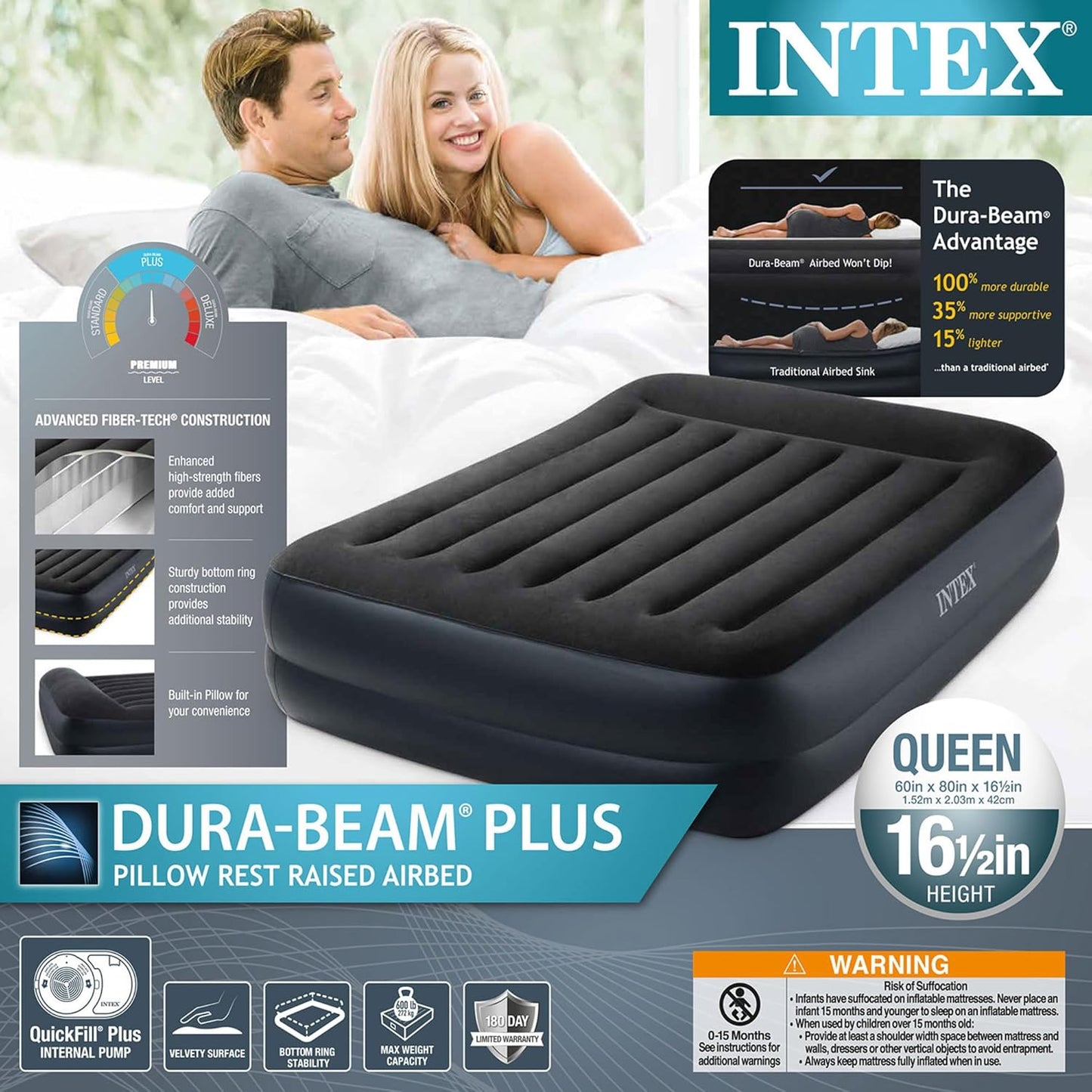 Air Mattress, 64123ED Dura-Beam plus Pillow Rest Fiber-Tech – Queen Size – Built-In Electric Pump – 16.5In Bed Height – 600Lb Weight Capacity