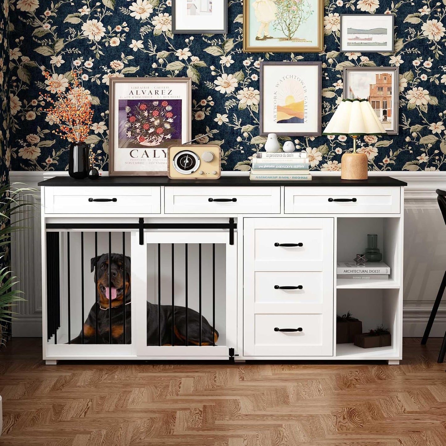 Dog Crate Funiture with Storage, 67" Wooden Heavy Duty Dog Kennel Table Furniture with Drawers & Shelves, Indoor Dog House TV Stand Single Room W/Sliding Door, White
