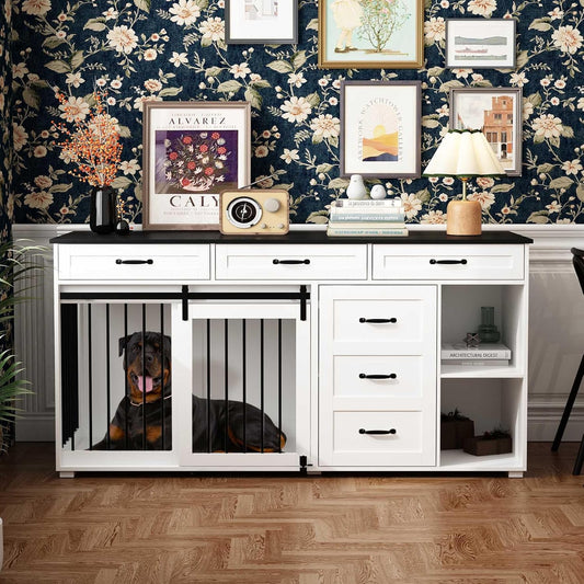 Dog Crate Funiture with Storage, 67" Wooden Heavy Duty Dog Kennel Table Furniture with Drawers & Shelves, Indoor Dog House TV Stand Single Room W/Sliding Door, White