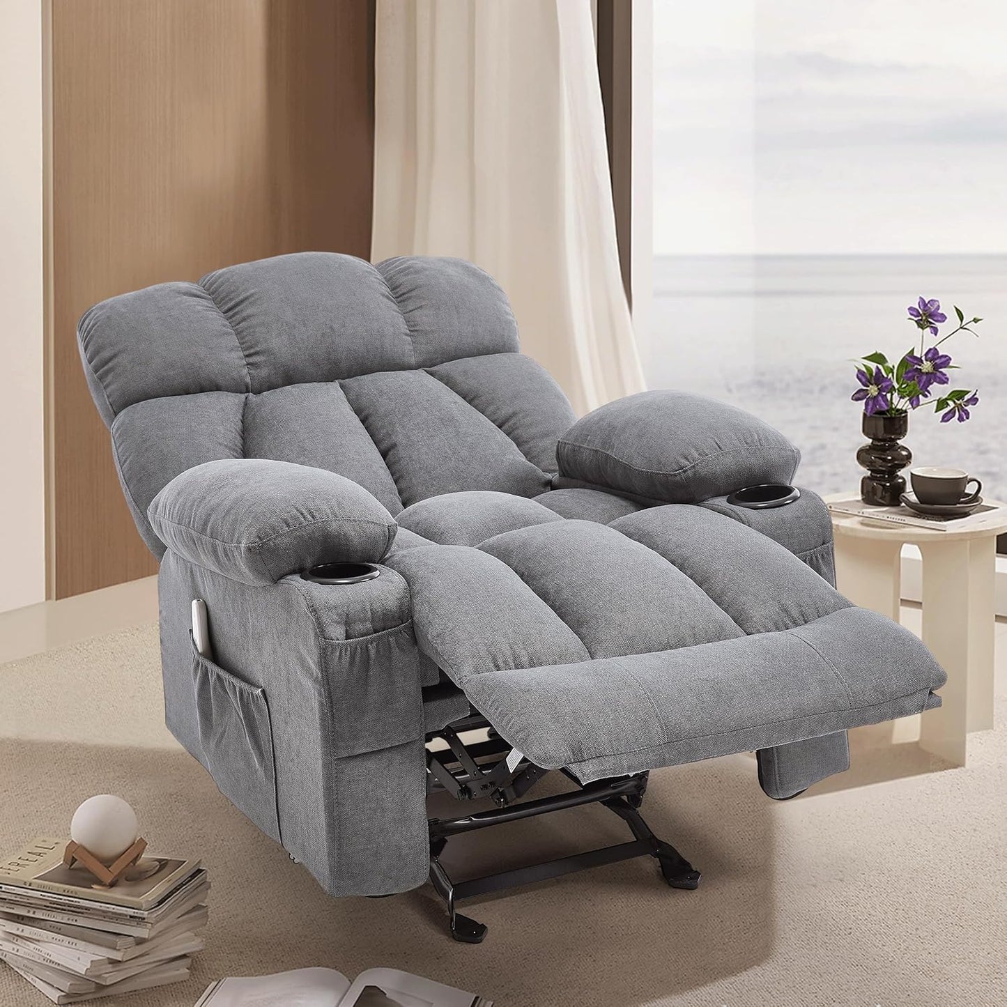 Recliner Chair with Massage Rocker Heat, Ergonomic Oversized Reclining Lounge Chair with Side Pockets, USB Charging Port, Sturdy Metal Frame, Overstuffed Nursery Rocking Chairs for Living Room