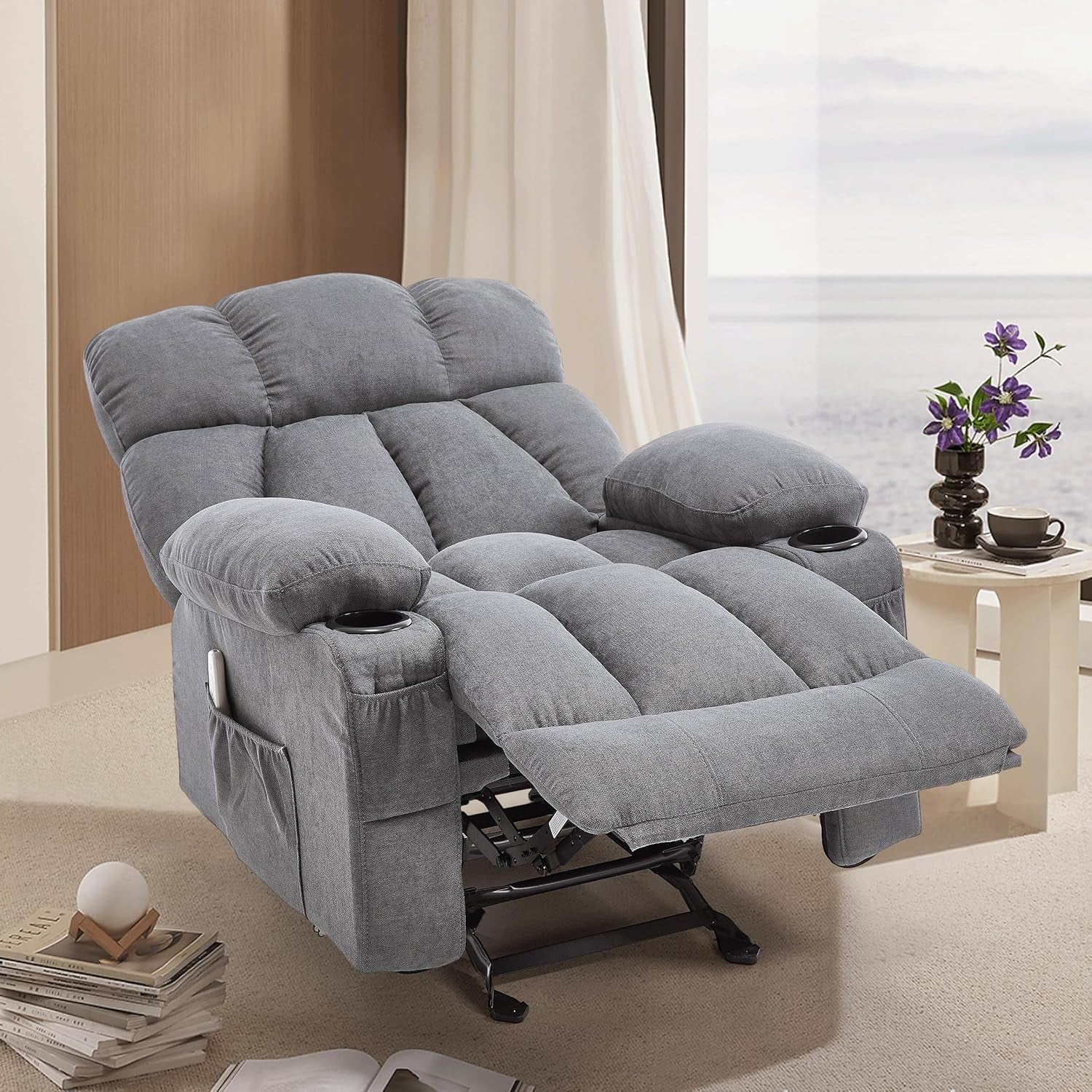 Recliner Chair with Massage Rocker Heat, Ergonomic Oversized Reclining Lounge Chair with Side Pockets, USB Charging Port, Sturdy Metal Frame, Overstuffed Nursery Rocking Chairs for Living Room