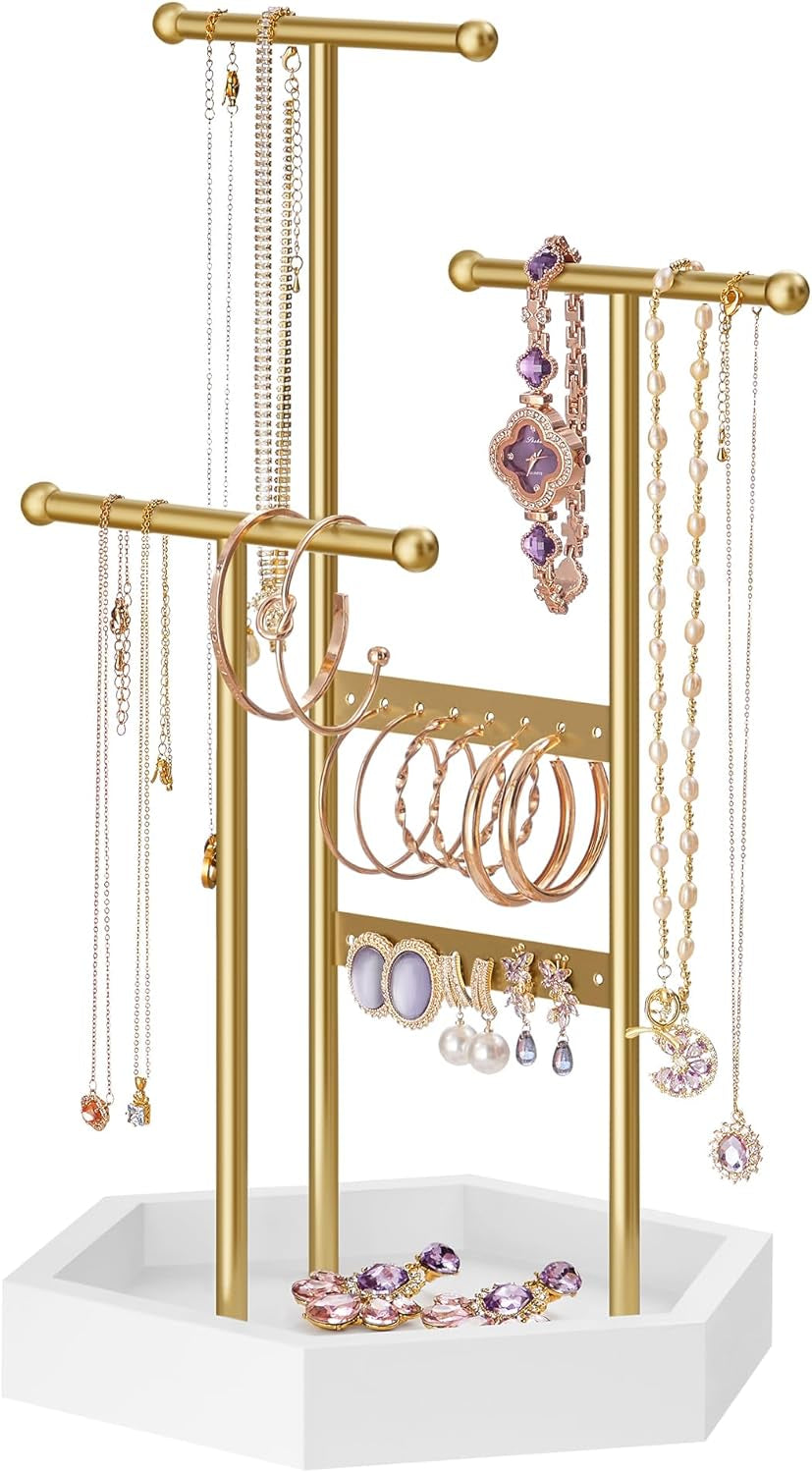 Jewelry Holder, Jewelry Organizer, 3 Tiers and 1 Tray, Jewelry Display Stand with Metal Frame, Necklace Earring Bracelet Holder, for Rings, Pale Gold and White UJJS003A01