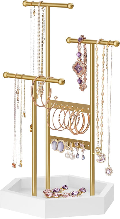 Jewelry Holder, Jewelry Organizer, 3 Tiers and 1 Tray, Jewelry Display Stand with Metal Frame, Necklace Earring Bracelet Holder, for Rings, Pale Gold and White UJJS003A01