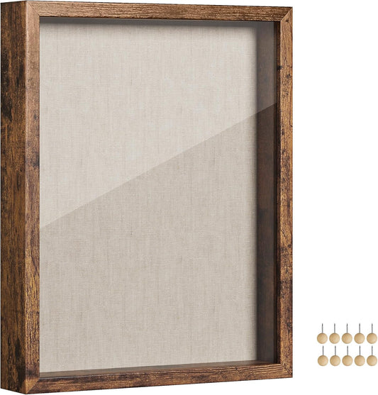 11X14 Shadow Box Frame, Deep Box Frame with Top Slot and Push Pins, Picture Display Case, Linen Fabric Backing for DIY Craft, Glass Front, Gift Idea, Rustic Brown URPF009KD01
