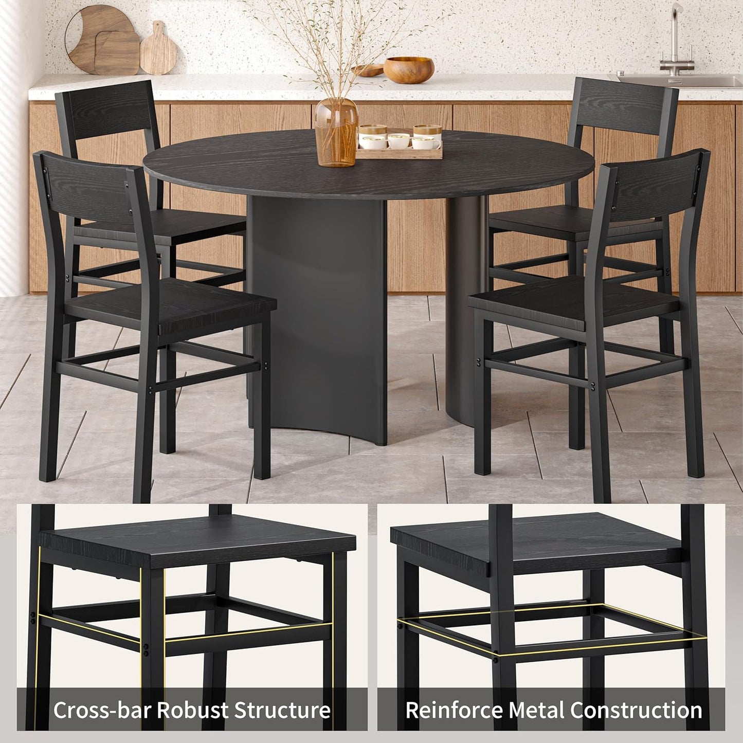 Dining Chairs Set of 4, Rustic Wood Dining Room Chairs with Thickened and Strengthened Metal Steel Frame & Slat Back, Modern Farmhouse Chair for Kitchen, Dining Room (4, Dark Black)