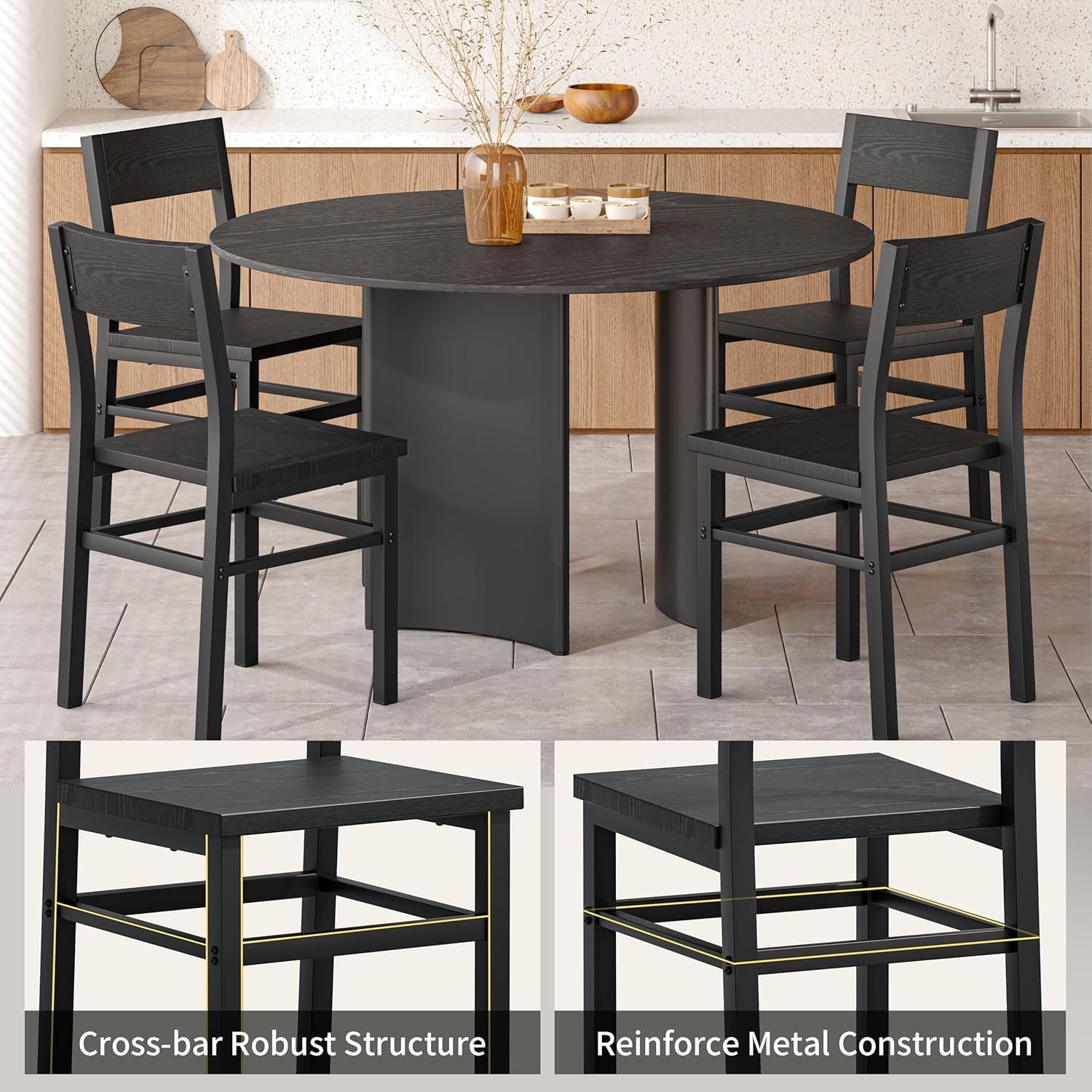 Dining Chairs Set of 4, Rustic Wood Dining Room Chairs with Thickened and Strengthened Metal Steel Frame & Slat Back, Modern Farmhouse Chair for Kitchen, Dining Room (4, Dark Black)