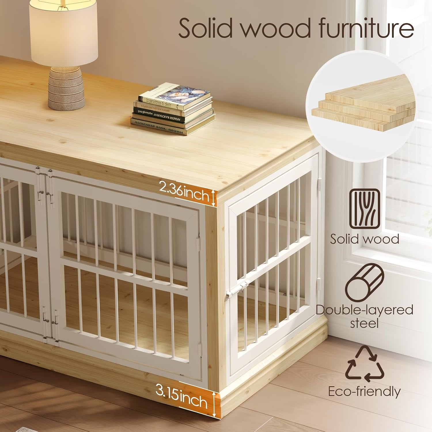 38 in Solid Wood Dog Crate Furniture for Dogs-Large Dog Crate Sideboard and TV Stand, Small, Wood Dog Kennel-(White+Natural)