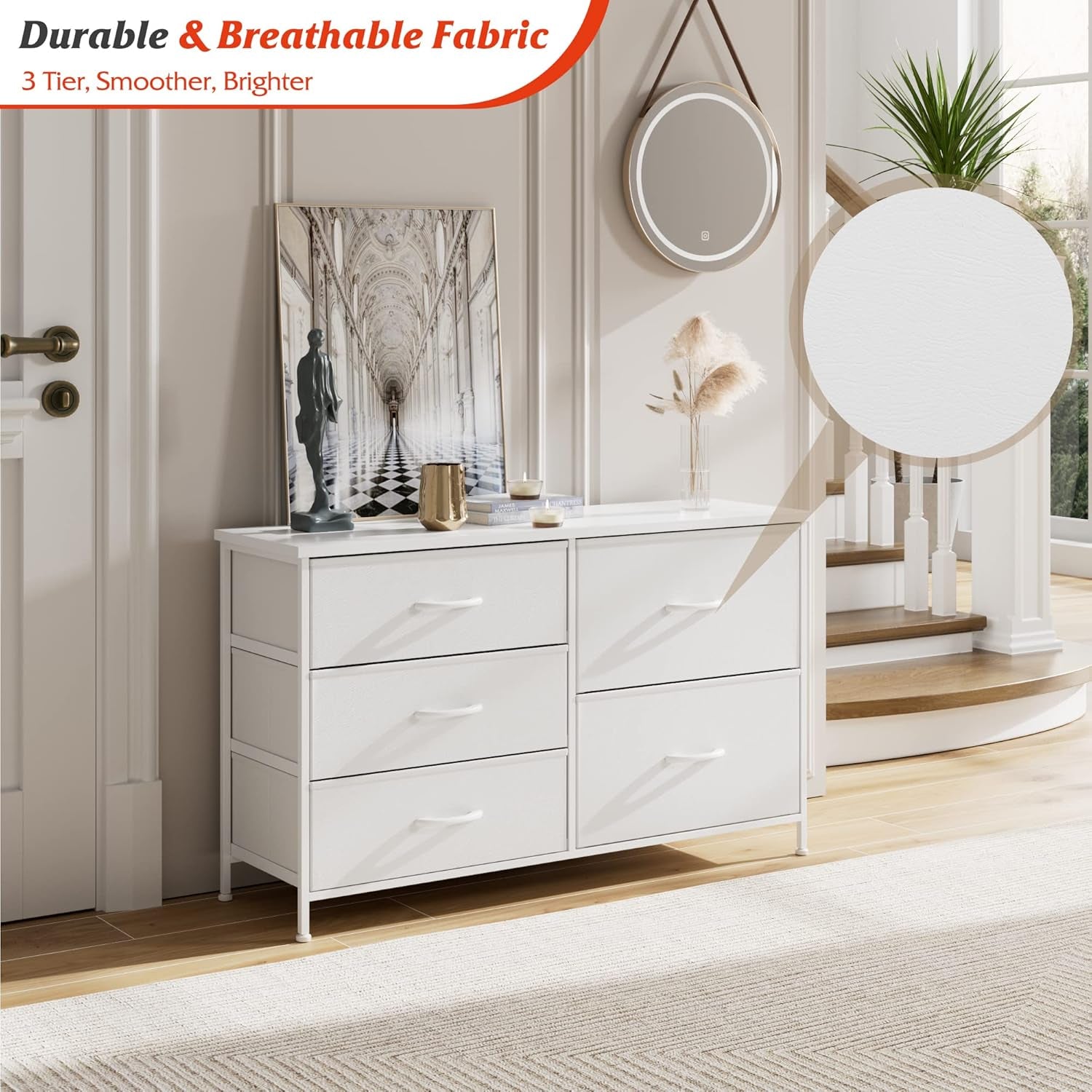 White Dresser for Bedroom with 5 Drawers, Small Dresser for Kids' Bedroom, Closet, Wide Chest of Drawers with Fabric Storage Drawers, Wooden Top, Steel Frame, Modern, White