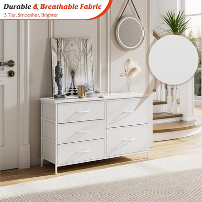 White Dresser for Bedroom with 5 Drawers, Small Dresser for Kids' Bedroom, Closet, Wide Chest of Drawers with Fabric Storage Drawers, Wooden Top, Steel Frame, Modern, White