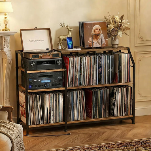 Large Record Player Stand with Power Outlets, 500+ Albums Vinyl Storage Cabinet, Sturdy 3-Tier Turntable Stand, Easy Assembly Audio Media Console Table for Living Room, Vintage Brown