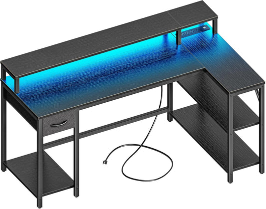 53 Inch Reversible L Shaped Desk with LED Lights & Power Outlets, Computer Desk with Shelves & Monitor Stand, Gaming Desk with Drawer, Home Office Desk Corner Desk, Black