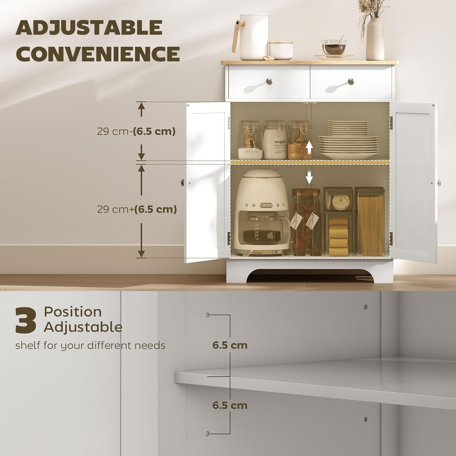 Sideboard with Solid Wood Countertop, Modern Kitchen Storage Cabinet, Coffee Bar Cabinet with 2 Drawers, Doors and Adjustable Shelf, White