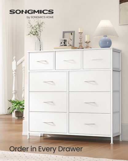 Dresser for Bedroom, Chest of Drawers, Steel, MDF, 9 Non-Woven Fabric Drawers, Storage Organizer Unit, Closet, Entryway, Cloud White and Snow White LGS324W01S