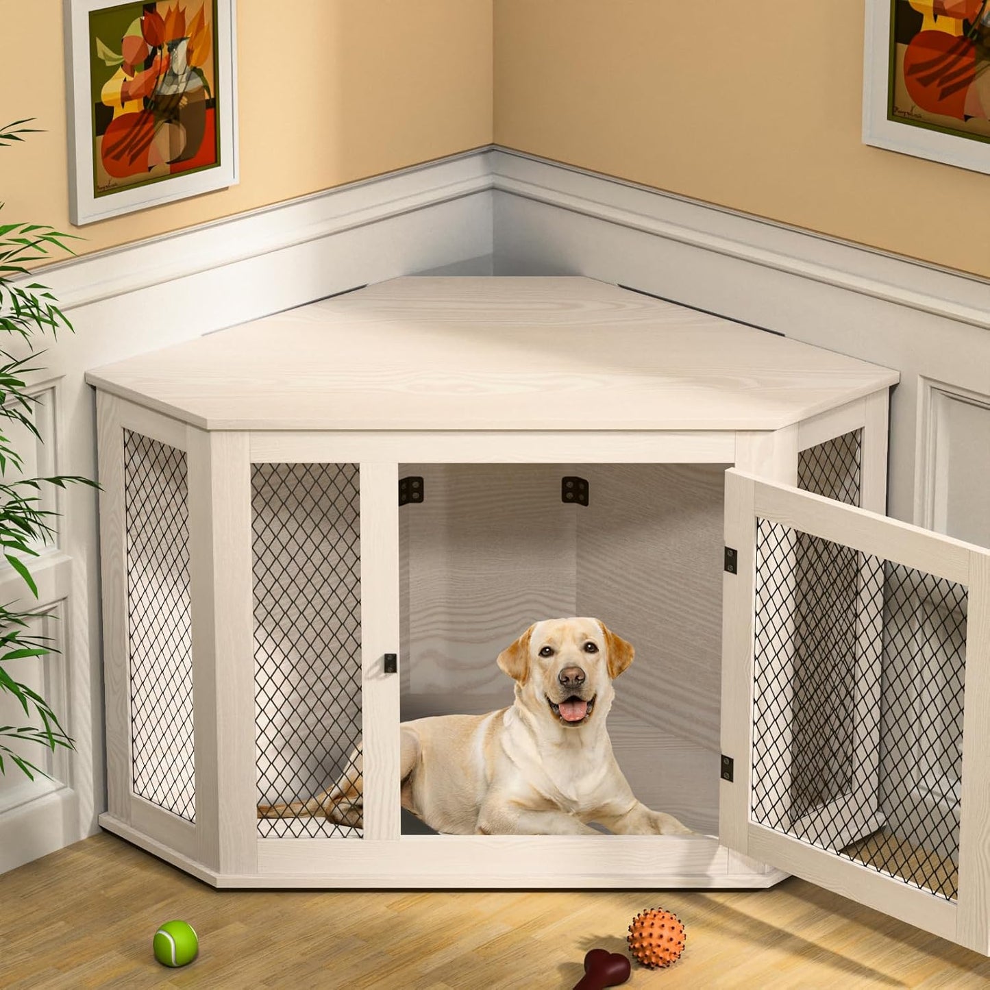 Corner Dog Crate Furniture, 52" Wooden Dog Kennel Furniture End Table with Mesh, Dog Kennel Indoor Furniture for Small Medium Large Dogs, Modern Decorative Wood Pet House Dog Cage Crate, White
