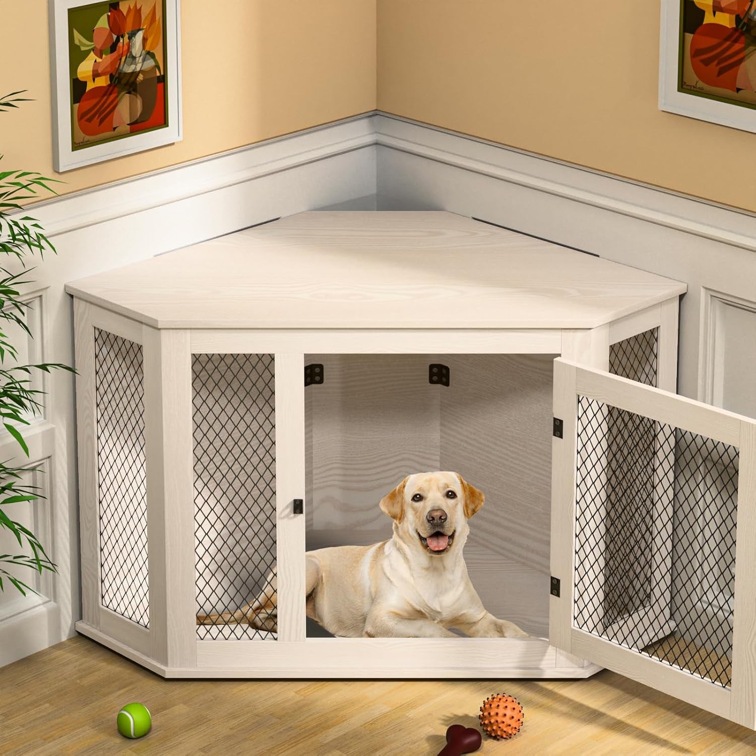 Corner Dog Crate Furniture, 52" Wooden Dog Kennel Furniture End Table with Mesh, Dog Kennel Indoor Furniture for Small Medium Large Dogs, Modern Decorative Wood Pet House Dog Cage Crate, White