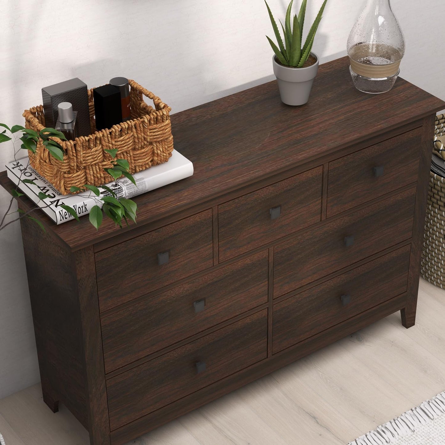 Dresser and Nightstand Set - 3 Pieces Bedroom Set with 7 Drawer Dresser and 2 Drawer Nightstands, Wooden Dresser and Nightstands for Bedroom, Brwon Wood Grain
