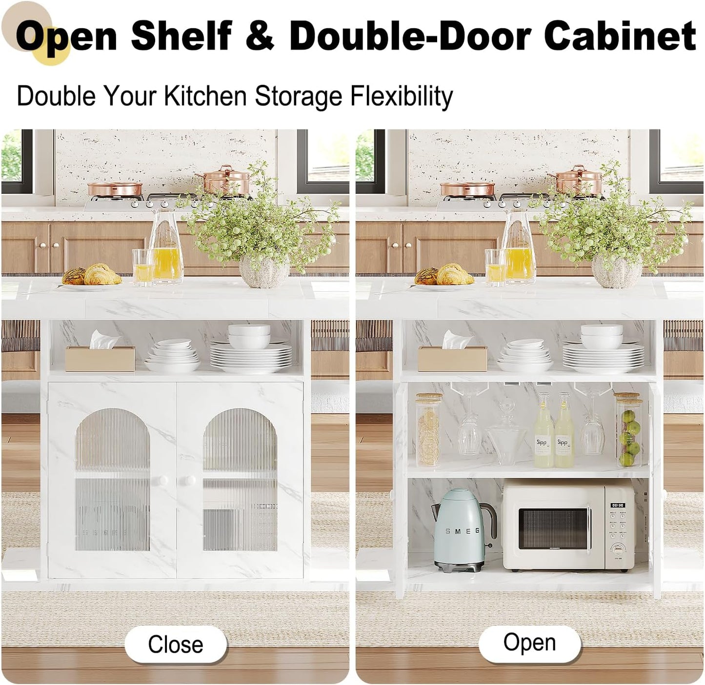 Dining Table for 4–6, 63" Modern Kitchen Dining Room Table with Storage Shelves & Acrylic Door Cabinet,Wood Rectangle Dinner Table with Faux Marble Top for Home Apartment, White Faux Marble