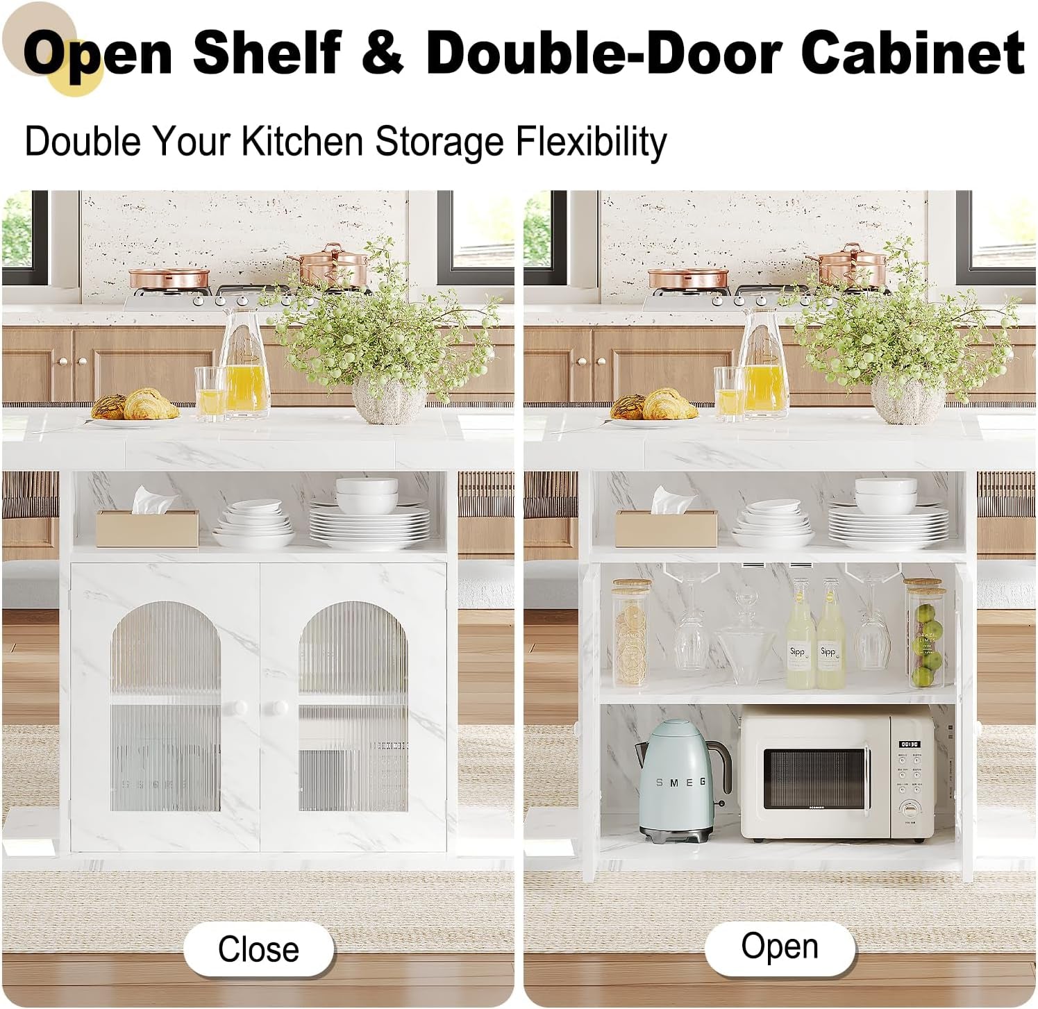 Dining Table for 4–6, 63" Modern Kitchen Dining Room Table with Storage Shelves & Acrylic Door Cabinet,Wood Rectangle Dinner Table with Faux Marble Top for Home Apartment, White Faux Marble