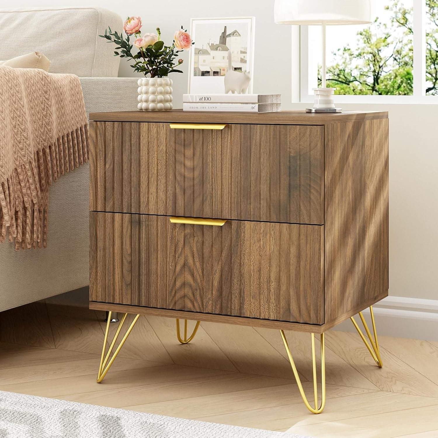7 Drawer Dresser and Nightstand Sets for Bedroom, 3 Pcs Bedroom Set，Night Stand Set of 2 & 7 Drawer Dresser with Gold Handles, Wood Chest of Drawers Mid Century Storage Cabinet Set, Natural