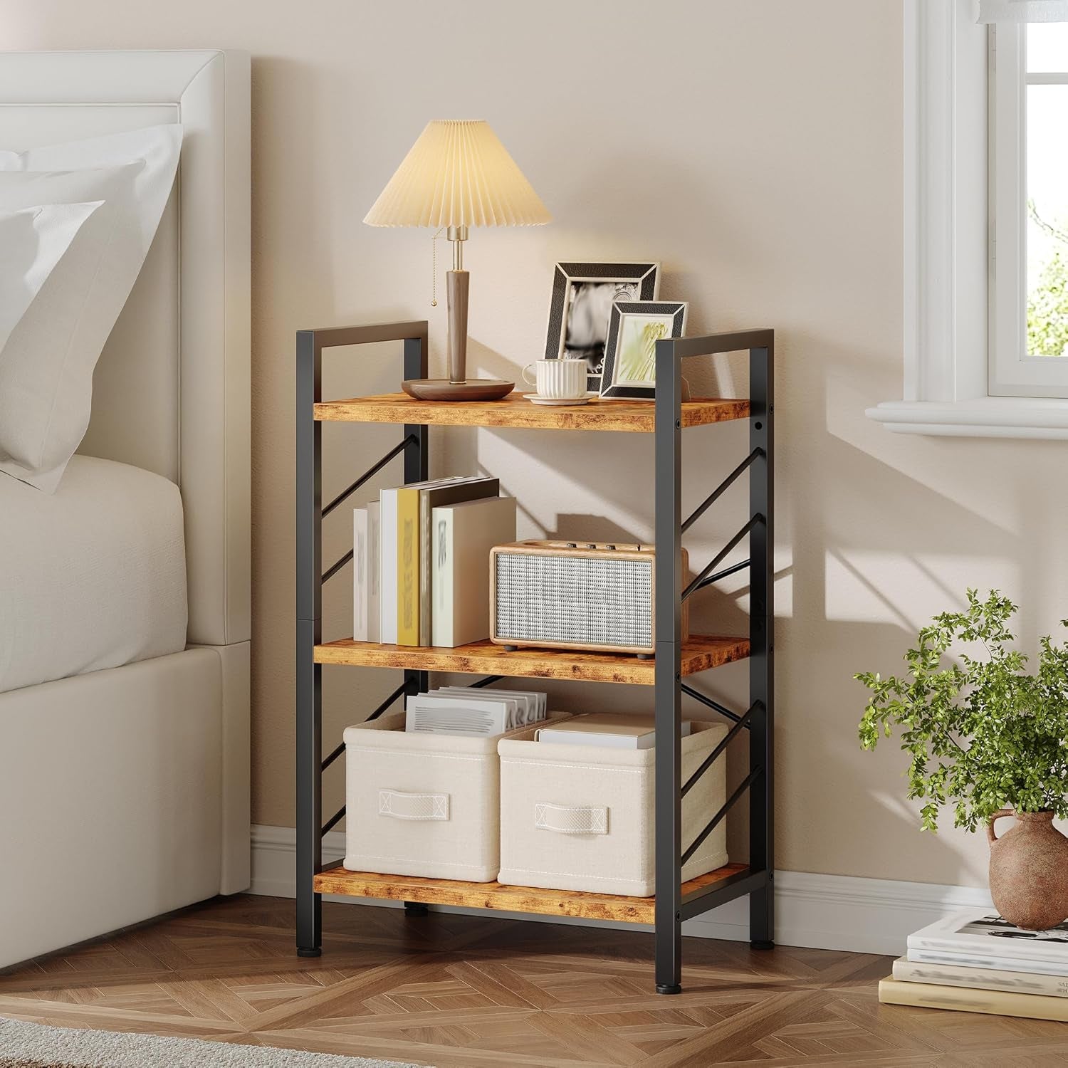 3 Tier Bookshelf, Industrial Bookcase with Metal Frame and Sidebars, Office Shelves for Small Spaces, Bedroom, Living Room, Rustic Brown