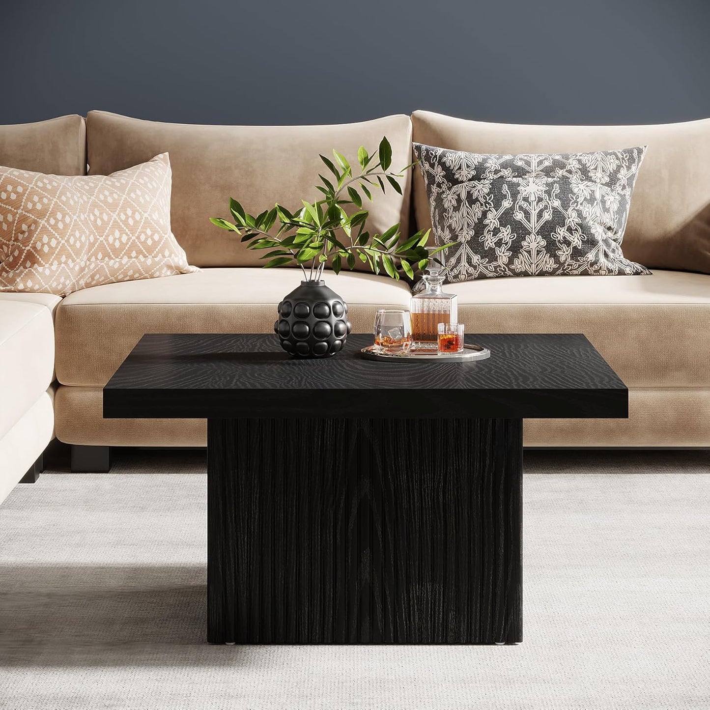 Square Coffee Table, 31.5-Inch Fluted Coffee Table, Mid-Century Modern Living Room Table, Large Cocktail Table for Living Room, Easy Assembly, Black