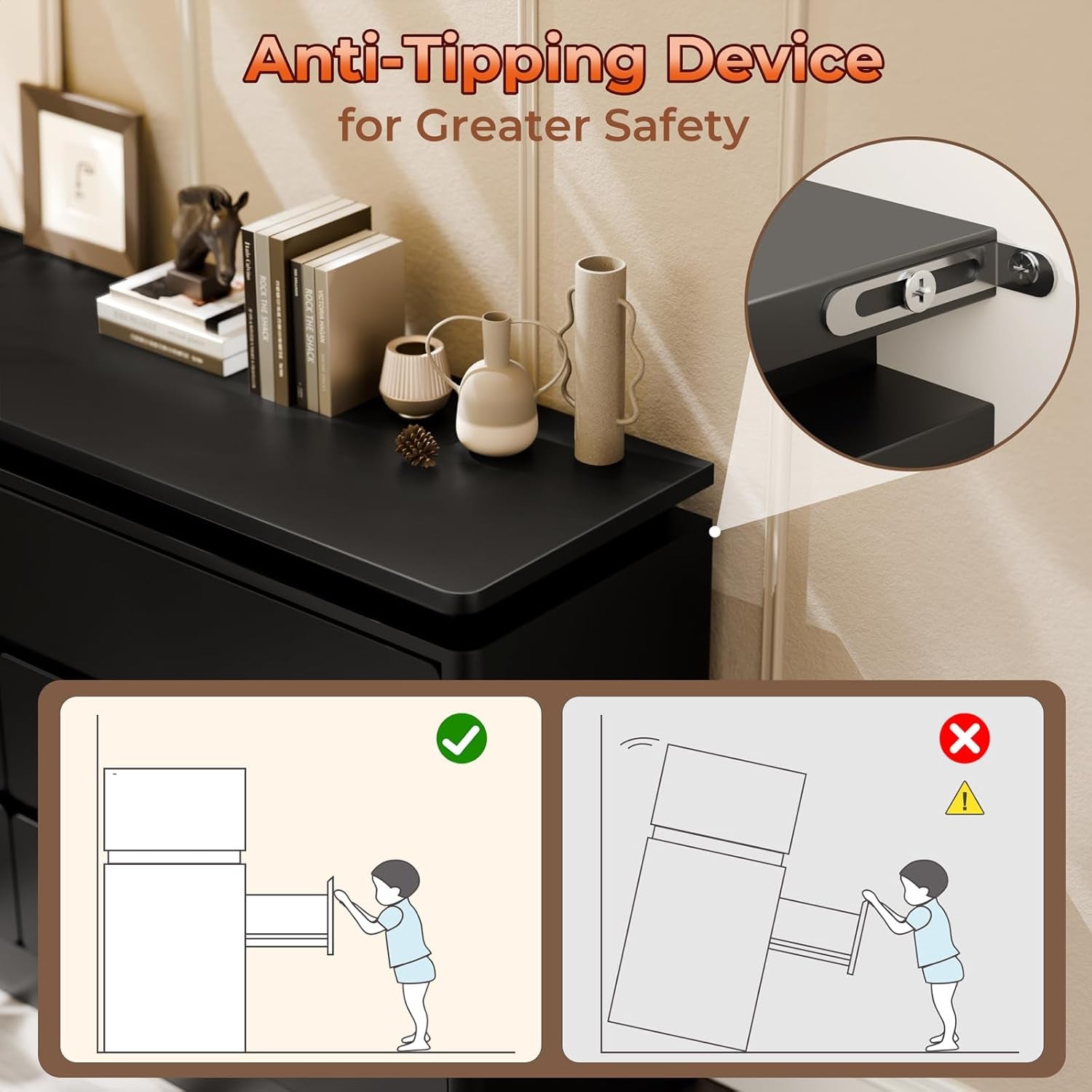 6 Drawer Black Dresser for Bedroom, 47.2" Long Chest of Drawers with Charging Station & LED Lights, Double Wooden Storage Cabinet for Closet,Modern Dresser TV Stand with Deep Drawers