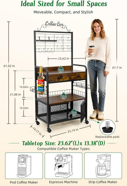 Rolling Coffee Bar Cart for Small Spaces, Coffee Station Cabinet with Storage, Apartment Coffee Nook, Side Syrup Rack, Tea Pod Drawer, Magnetic Doors, Lockable Wheels, Rustic Brown