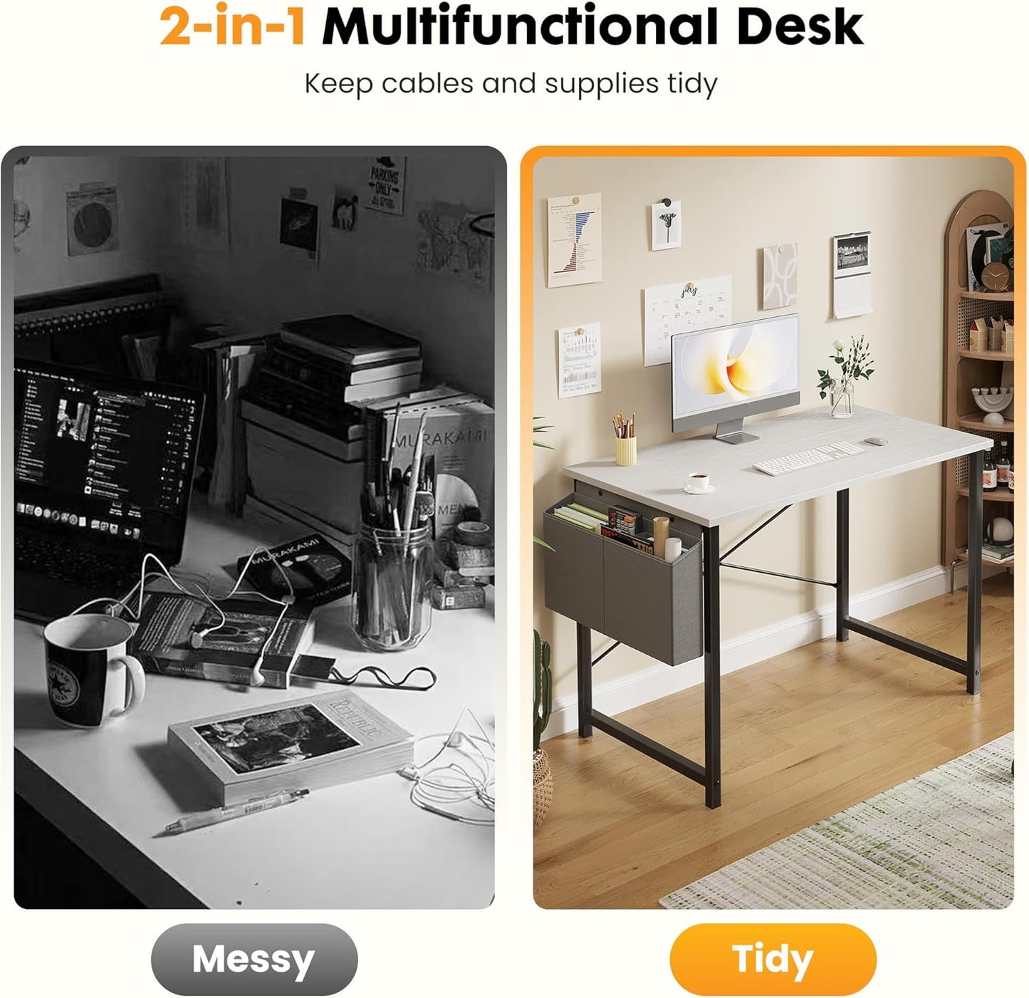 40 Inch Computer Desk Home Office Desks for Bedroom Writing Gaming Work Study Table with Storage Bag for Small Spaces, Modern Workstation in Bright White