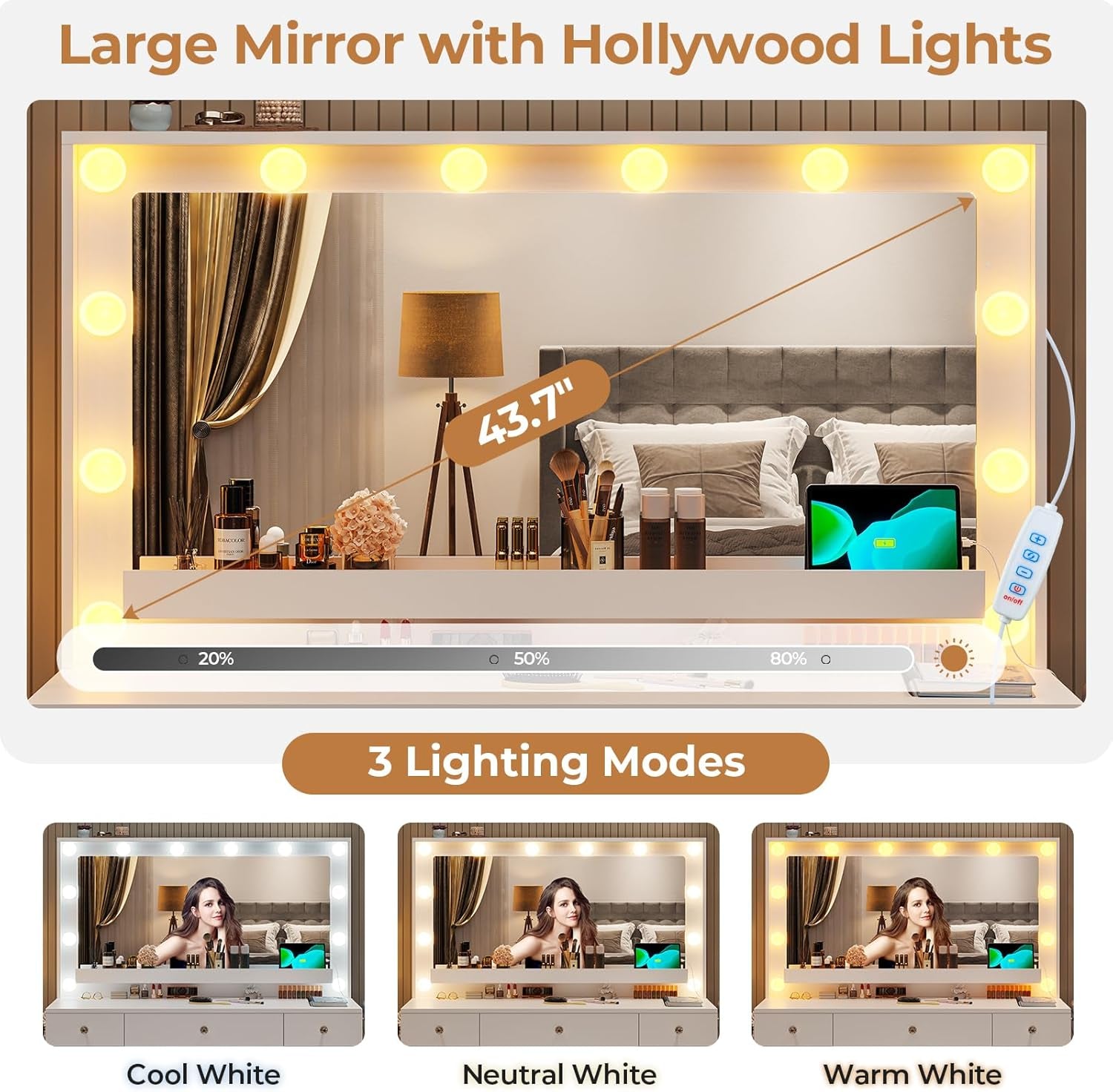 Makeup Vanity Desk with Large Lighted Mirror and 9 Drawers, Large Vanity Desk with Storage Rack, Hook, Crystal Handle, White Bedroom Dressing Table Set with Charging Station, Lights Adjustable