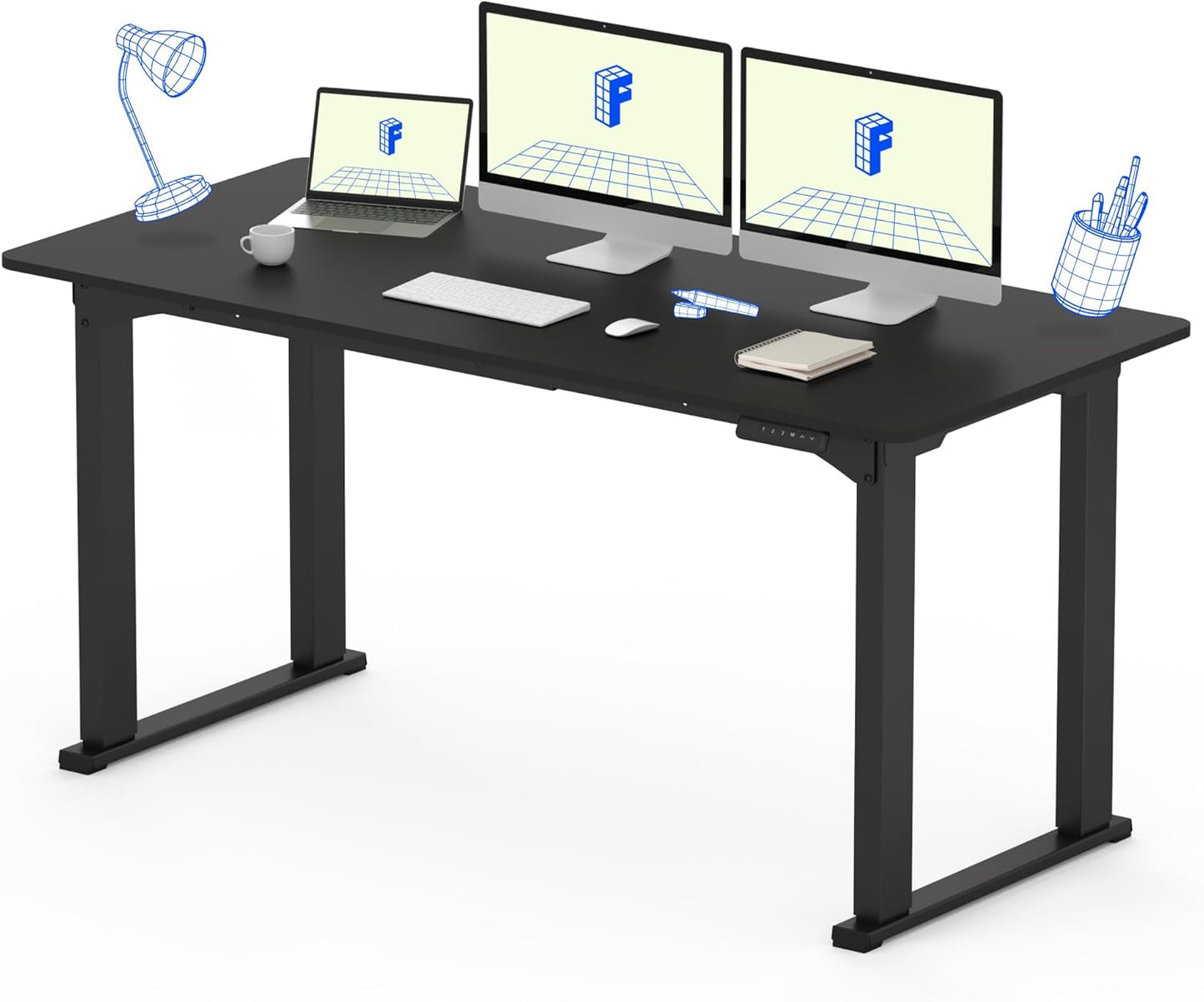4 Legs Standing Desk 63 X 28 Inch Electric Adjustable Height with Splice Board Home Office Sit Stand up Desk, Black Top + Black Frame