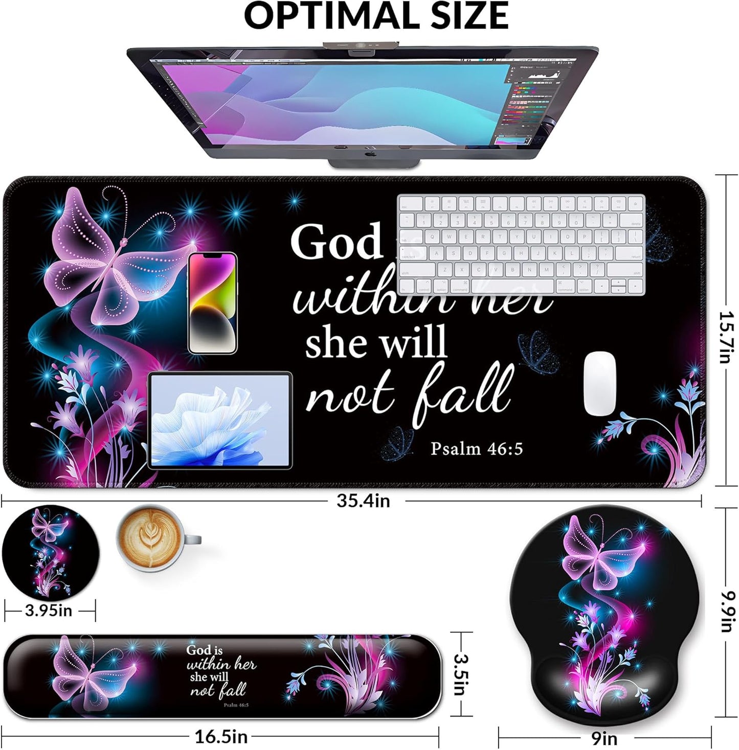 Desk Mat Set + Keyboard and Mouse Pad with Wrist Rest Support,4-In-1 Large Mousepad Computer Mats for Desktop Home & Office-Purple Butterflies