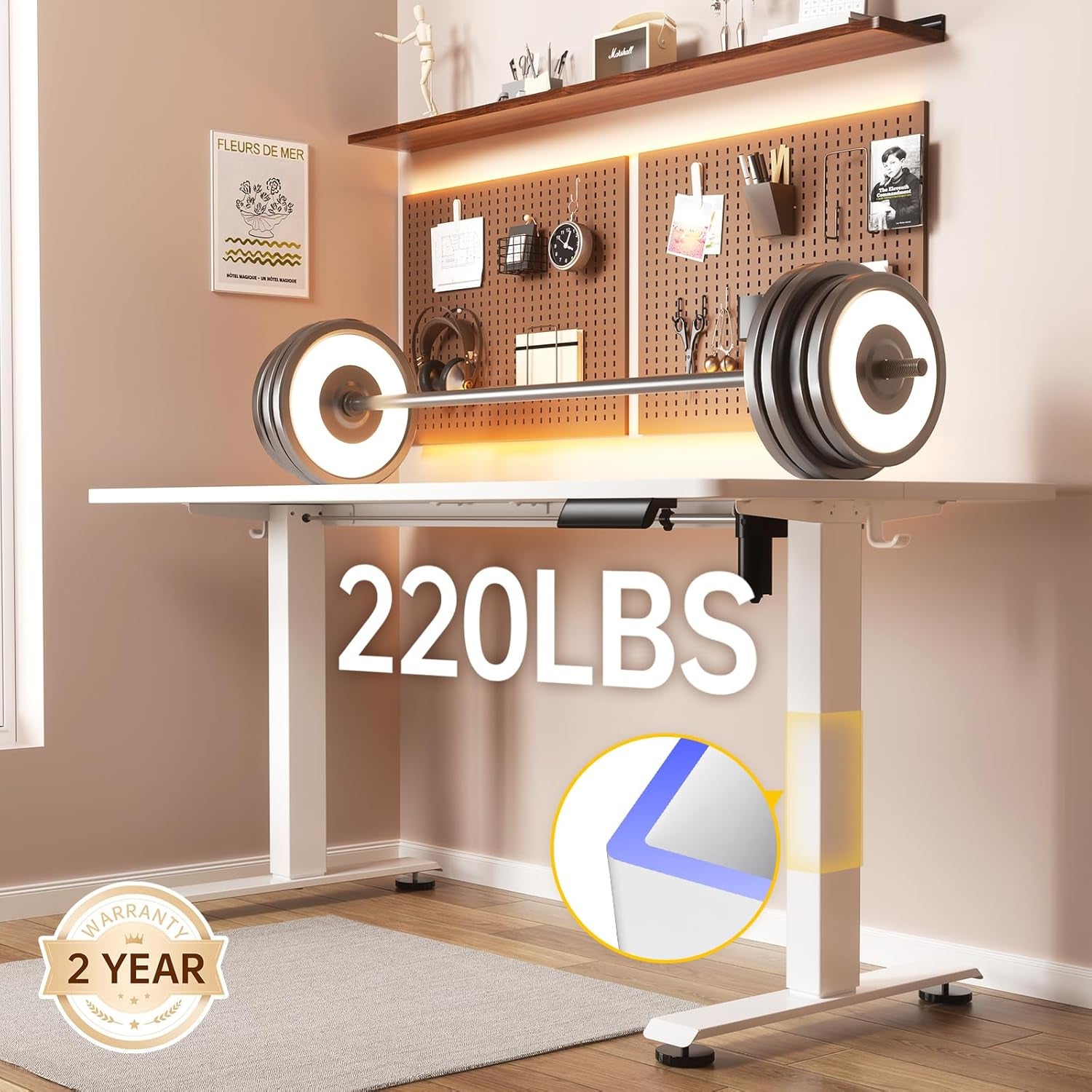 55 Inch Large Electric Standing Desk,Sit to Stand Up, Heights Adjustable, Work Home Office Computer Table for Study, Walking Pad, Writing, and Games, Wooden Desktop Desks, White