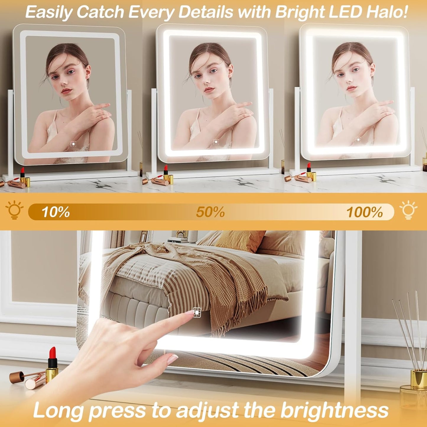 Makeup Vanity Mirror with Lights 15.2" Large LED Lighted Mirror, Hollywood Make up Mirror with Lighting for Bedroom Tabletop, Smart Touch,Detachable 10X Magnification 360° Rotation, (White)