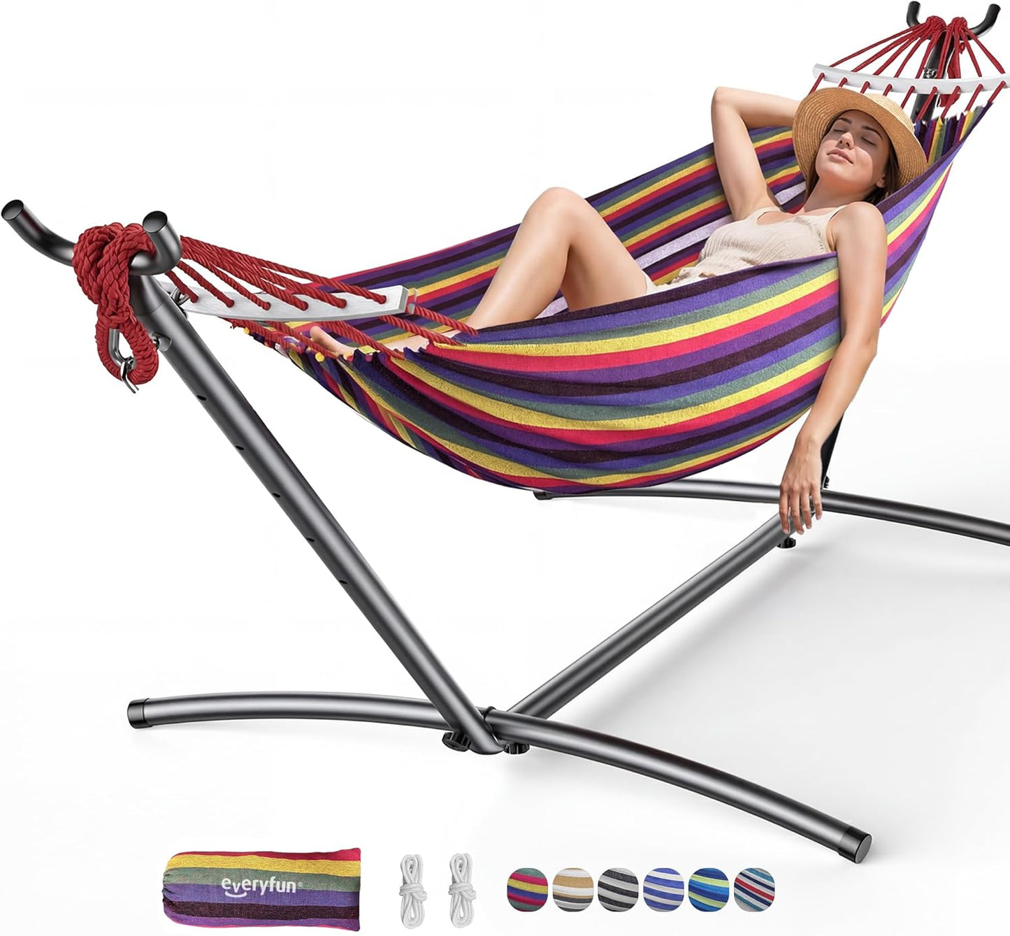 Double Hammock with Heavy-Duty Steel Stand,Portable,Easy Assembly,600Lbs Weight Capacity,Perfect for Indoor,Yard,Camping,Or Outdoor-Rainbow