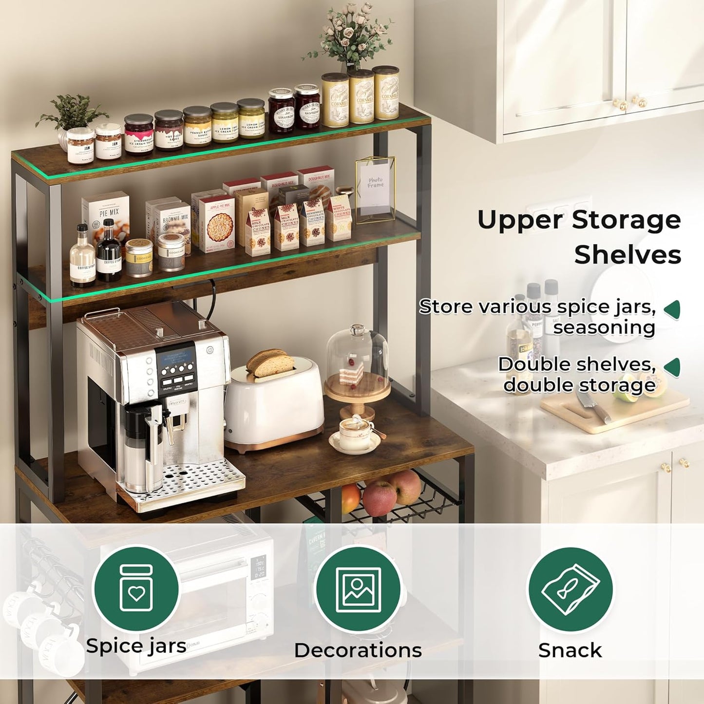 Bakers Rack with Power Outlet, 35.4 Inches Coffee Bar with Wire Basket, Kitchen Microwave Stand with 6 S-Shaped Hooks, Open Storage Shelves, Rustic Brown