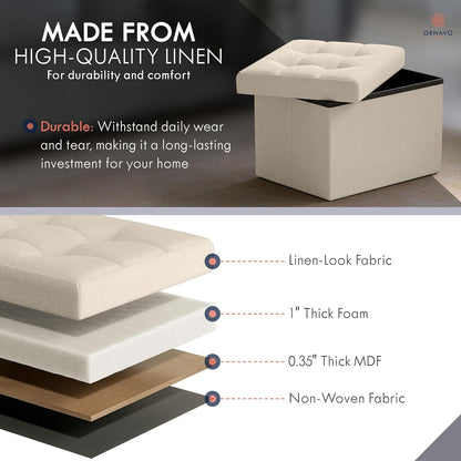 Small Storage Ottoman Foldable Collapsible Rectangle Linen Ottoman Foot Rest Stool Seat, for Living Room, Bedroom, Home Office, Dorm - 12 X 16 X 12, Beige