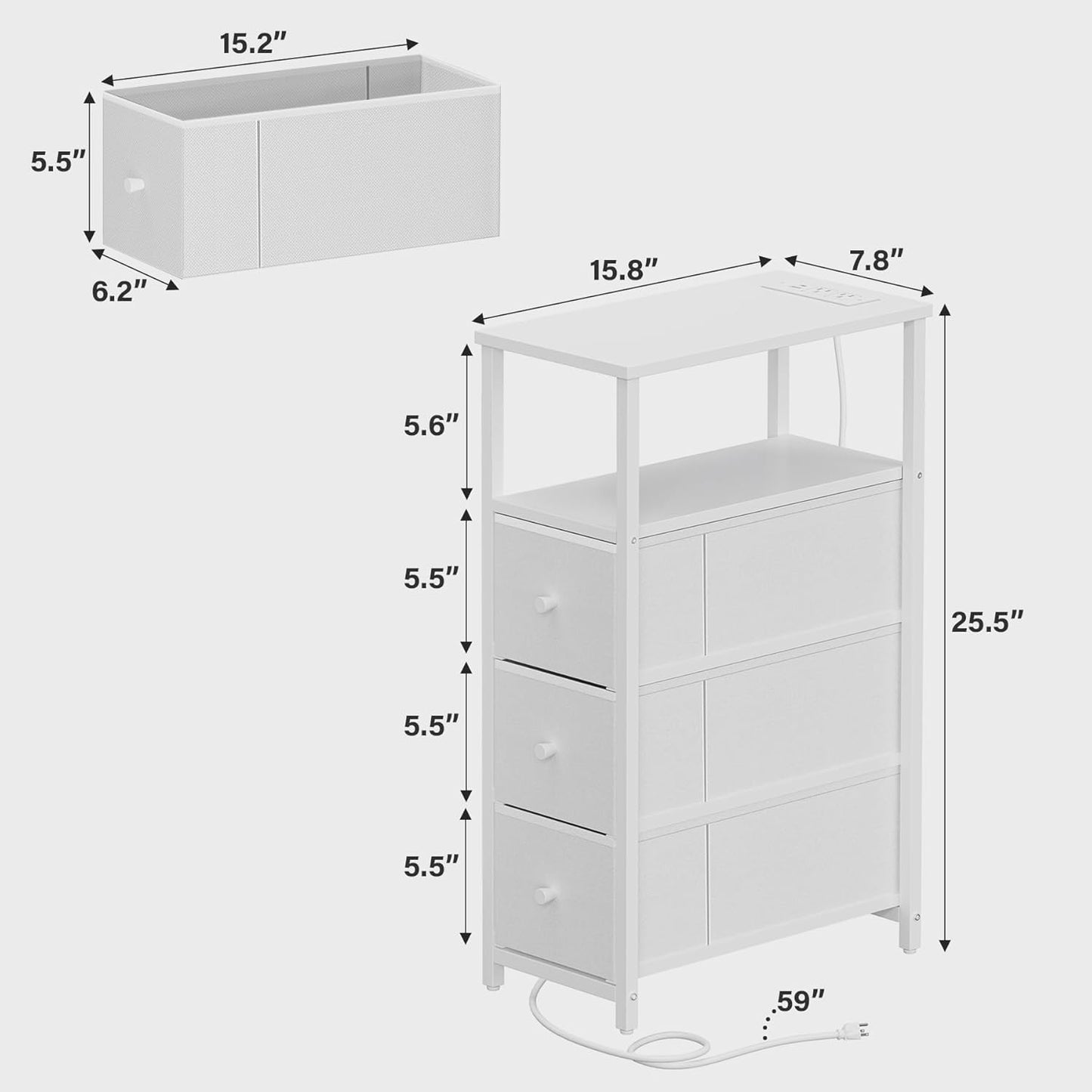 Narrow LED Night Stand with Charging Station, Slim End Table with Plugins, Tall Side Table with 3 Fabric Drawer, Small Bedside Table with Storage, for Living Room, White TB01BW086L