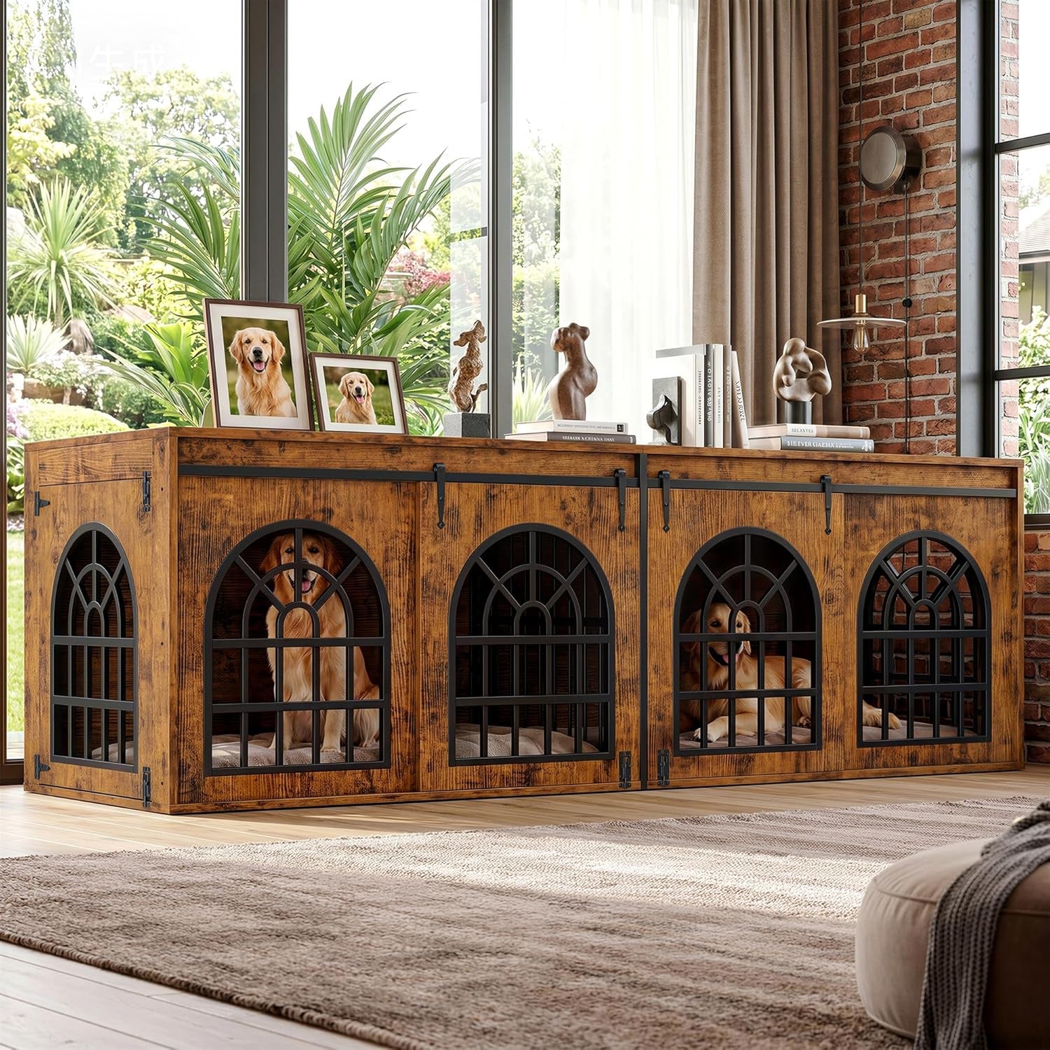 90.2" Double Room Dog Crate Furniture with Sliding Doors– Heavy Duty Wooden Dog Kennel with Hinged Divider, TV Stand & End Table for Large to Medium Dogs, Brown (Brown)