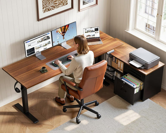 55 Inch L Shaped Electric Standing Desk with Drawers & File Cabinet Sets, Executive Sit Stand Desk, Height Adjustable Computer Desk for Home Office, Writing, Workstation, Walnut+Black